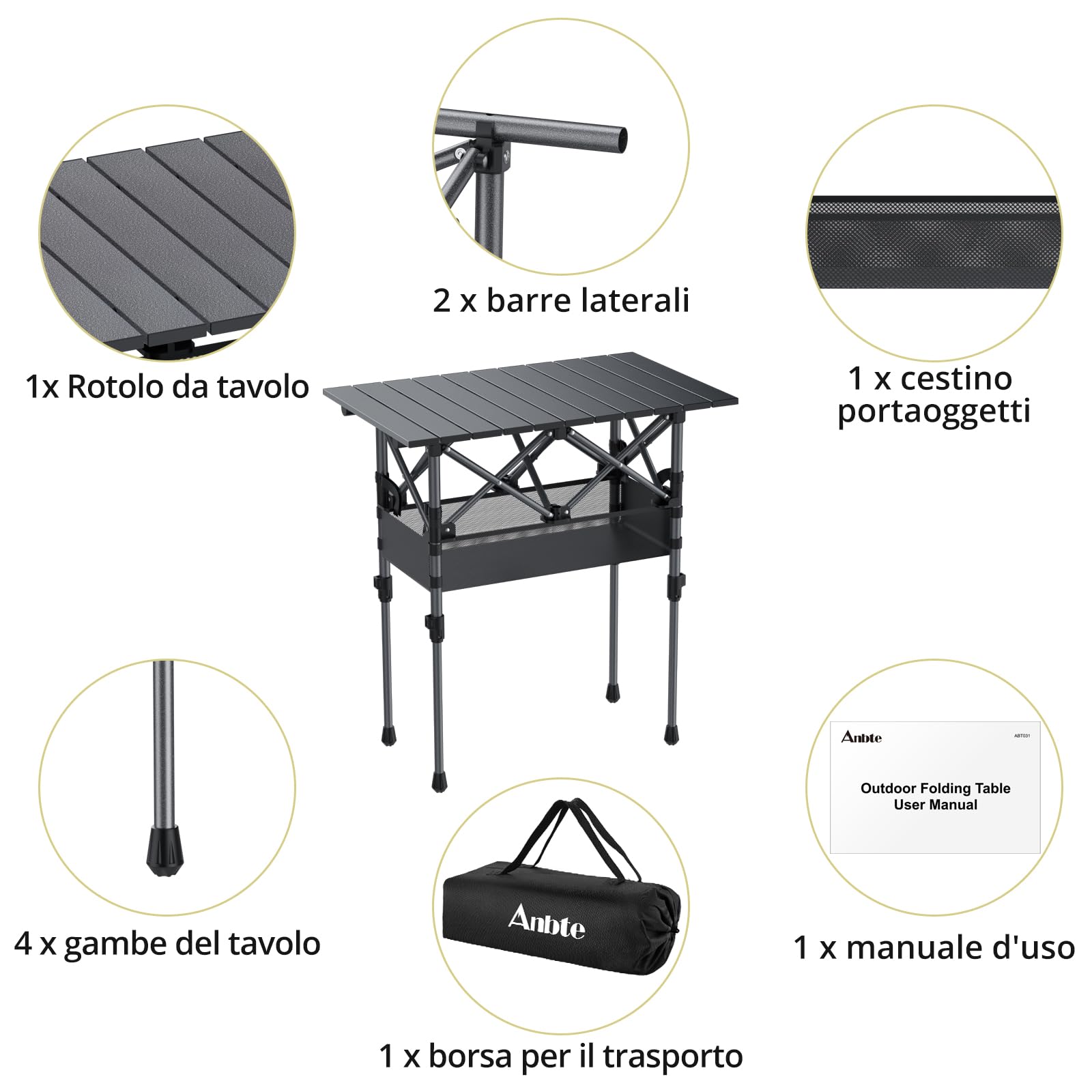 Anbte Tavolo Pieghevole da Campeggio-Giardino Portatile 64 * 40 * 70 Multifunzione Tavolino da Caffè Altezze Portatile in Alluminio per Picnic/Spiaggia/Ufficio/Balcone/Interno-Nero