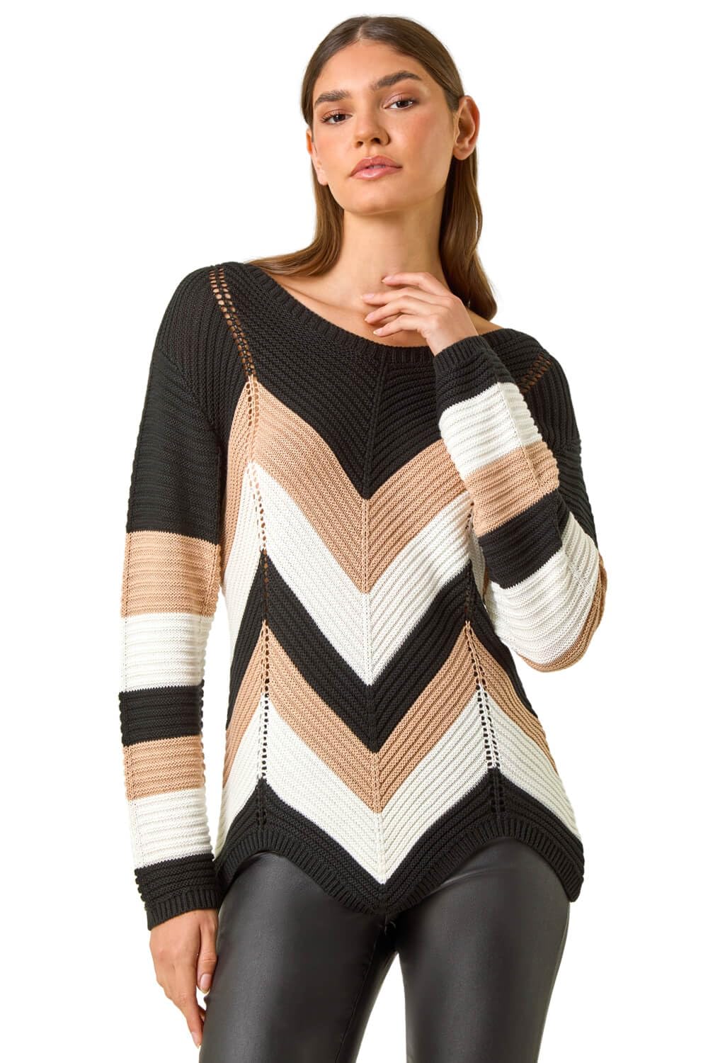 Roman Originals Chevron Colour Block Jumper for Women UK - Ladies Everyday Autumn Winter Comfy Soft Evening Vacation Work Party Night Out - Black - Size 14