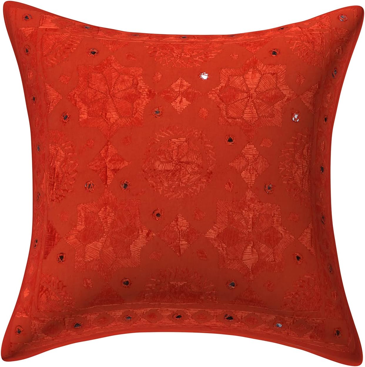 Bohemian Decorative Toss Throw Pillowcases 16x16 Inch Cotton Embroidered Mirrored Indian Square Accent Cushion Covers (Size - 40x40 cm ; Color: Orange) - Set of 4 Pcs (Cover Only)