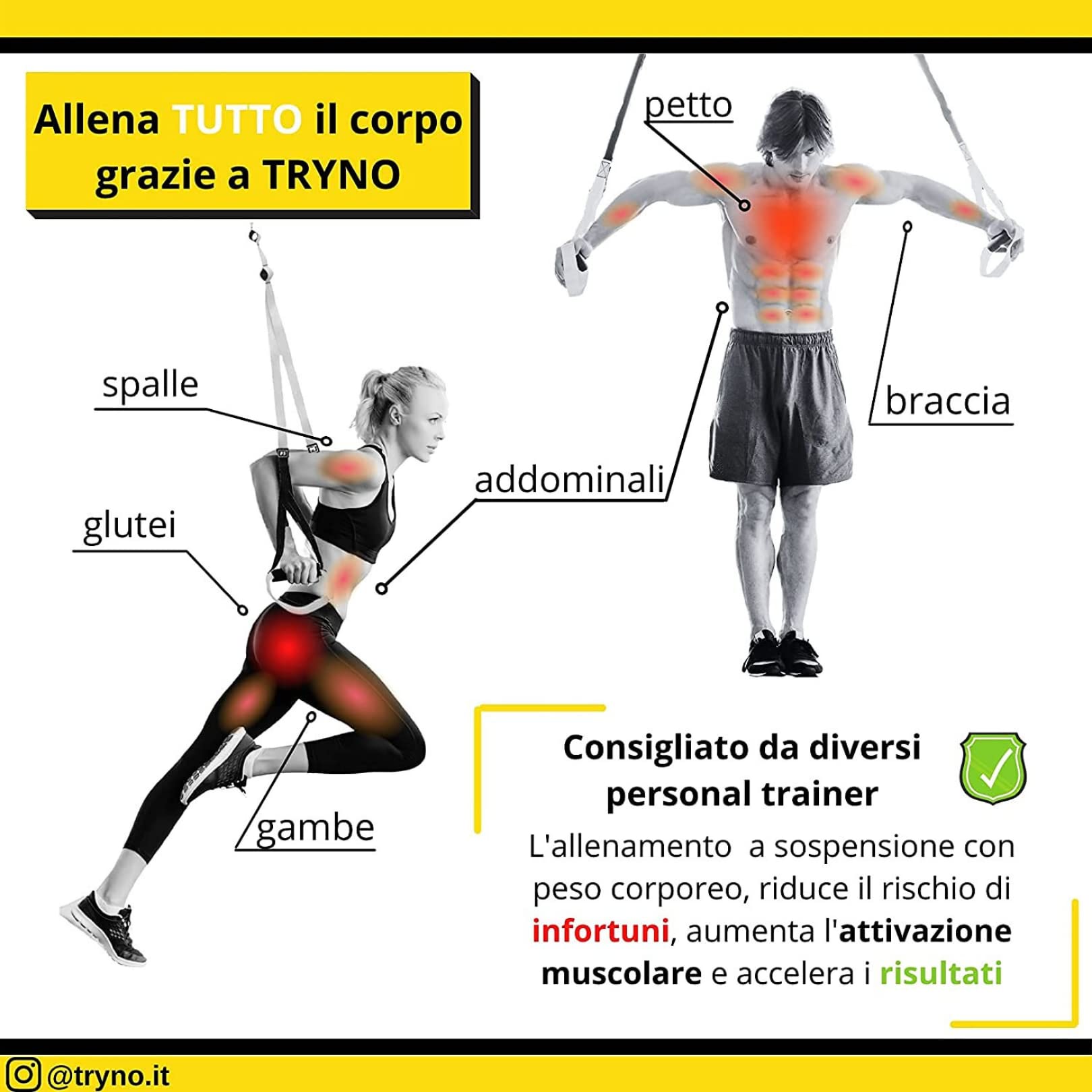 TRYNO TRX ITALIANO, Trx Fitness Da Casa, Suspension Training per Tutto il Corpo, Allenamneto in sospensione, Trx Elastico Fitness, Cinghie Sospensione +Zaino