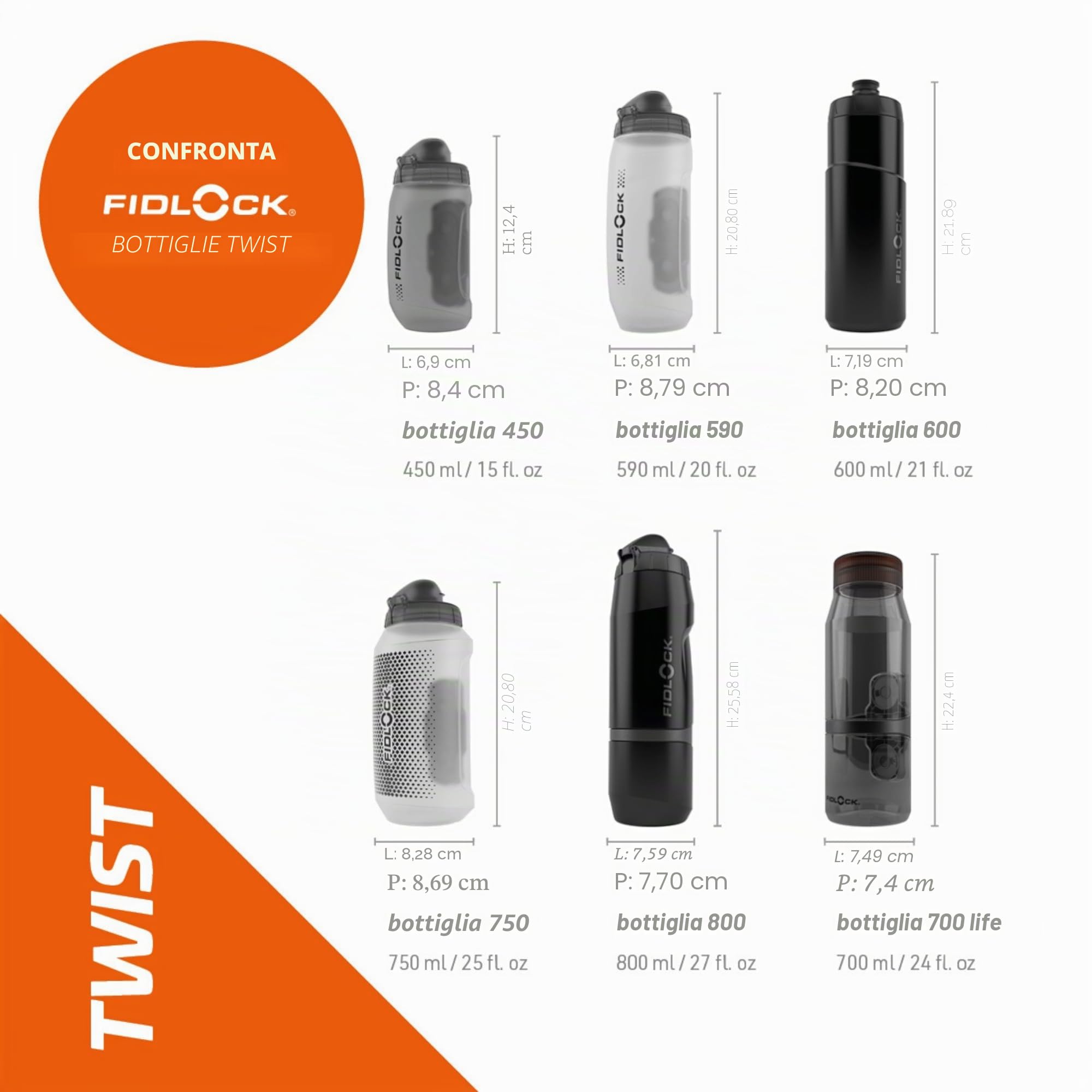 Fidlock Bottiglia singola Twist da 800 ml, include connettore Twist (senza base per bicicletta) e bottiglia, nero