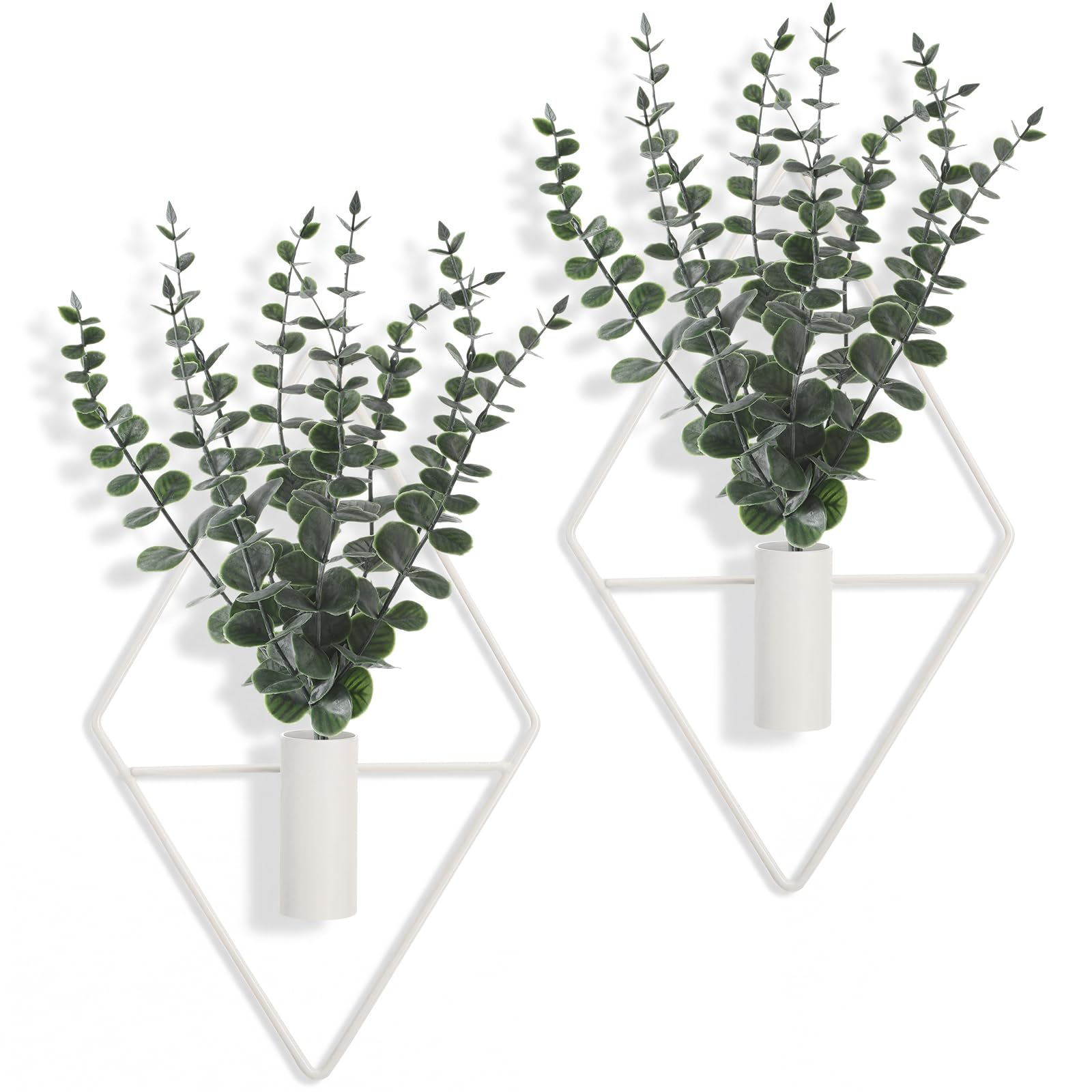 Jexine Hanging Planters with Artificial Eucalyptus Metal Hanging Vase Indoor Plants Holder Modern Geometric Boho Bathroom Wall Decor for Living Room Home Office(Eucalyptus,Matte White,4 Pcs) Matte White Eucalyptus 4