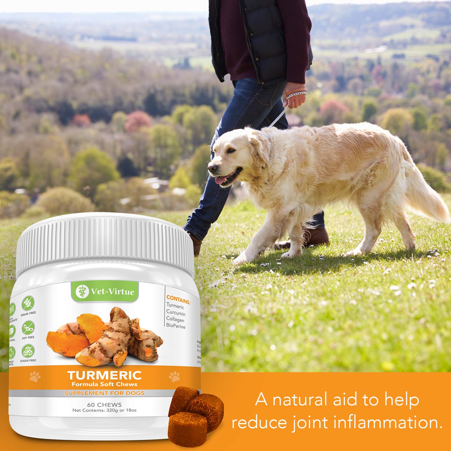 VETVIRTUE Turmeric for Dogs Organic Turmeric with Curcumin, Dog Joint Supplement Soft Chew