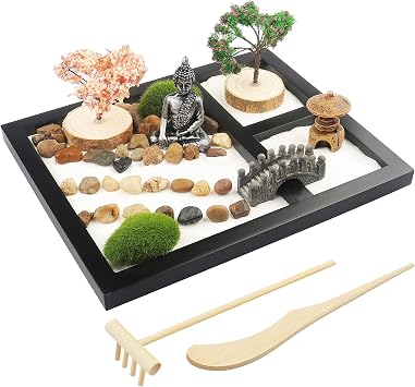 Sakura Budah Desktop Mini Zen Garden - 9" x 7" with White Sand, Artificial Bonsai Tree, Rocks, Rakes & Accessories - Meditation Gift for Office Decor
