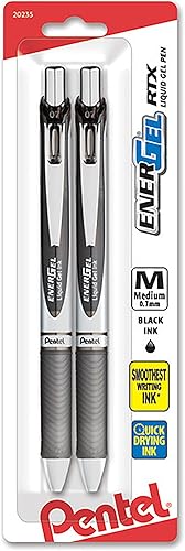 Pentel EnerGel RTX Bolígrafo de gel líquido retráctil, punta de metal, línea media, tinta negra, paquete de 2 unidades