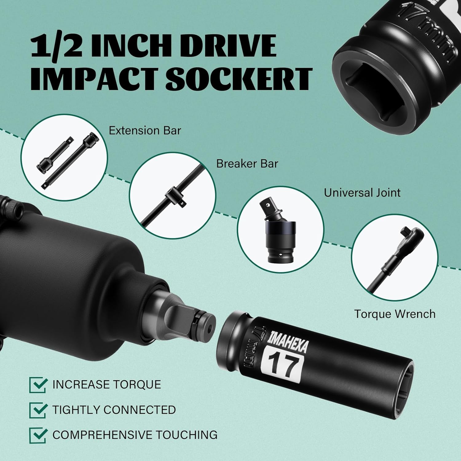 1/2" Square Drive Impact Socket,2 PCS Deep 17mm Metric Sleeve,CR-MO Hex Point for Convenient Disassembly of Axle Nuts(17mm)