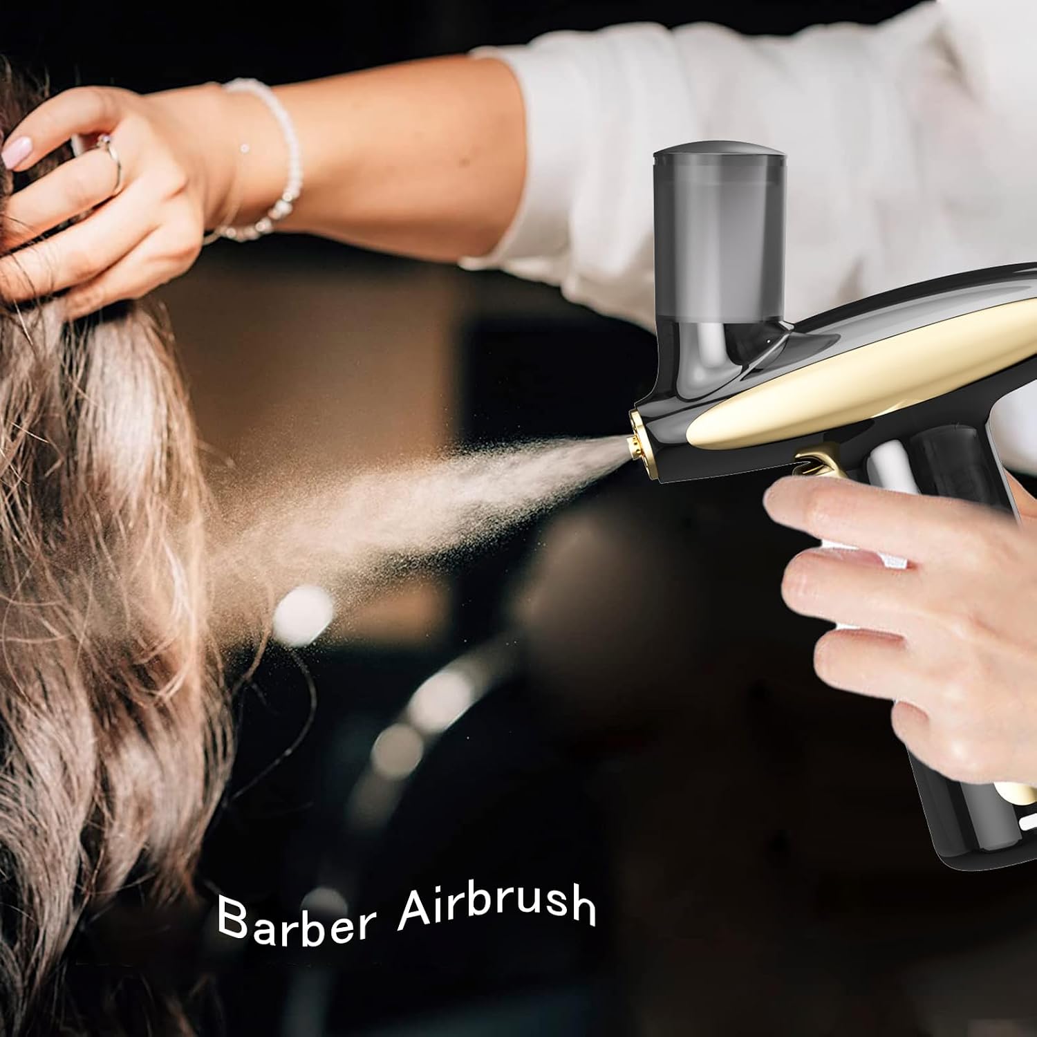 Rechargeable Cordless Hair & Scalp Hydration Sprayer - Handheld Airbrush for Hair Care & Scalp Oil Applicator, Nano Mister, Mist Sprayer, Hair Oil Applicator (Barber Airbrush & Spray Gun) (Black+Gold)