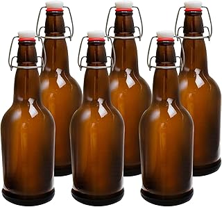 Collgene 6 Pack Amber Glass Swing Top Bottles, 16 Oz, Airtight, Reusable, Perfect for Wine, Mead, Kombucha, Limoncello, Va...