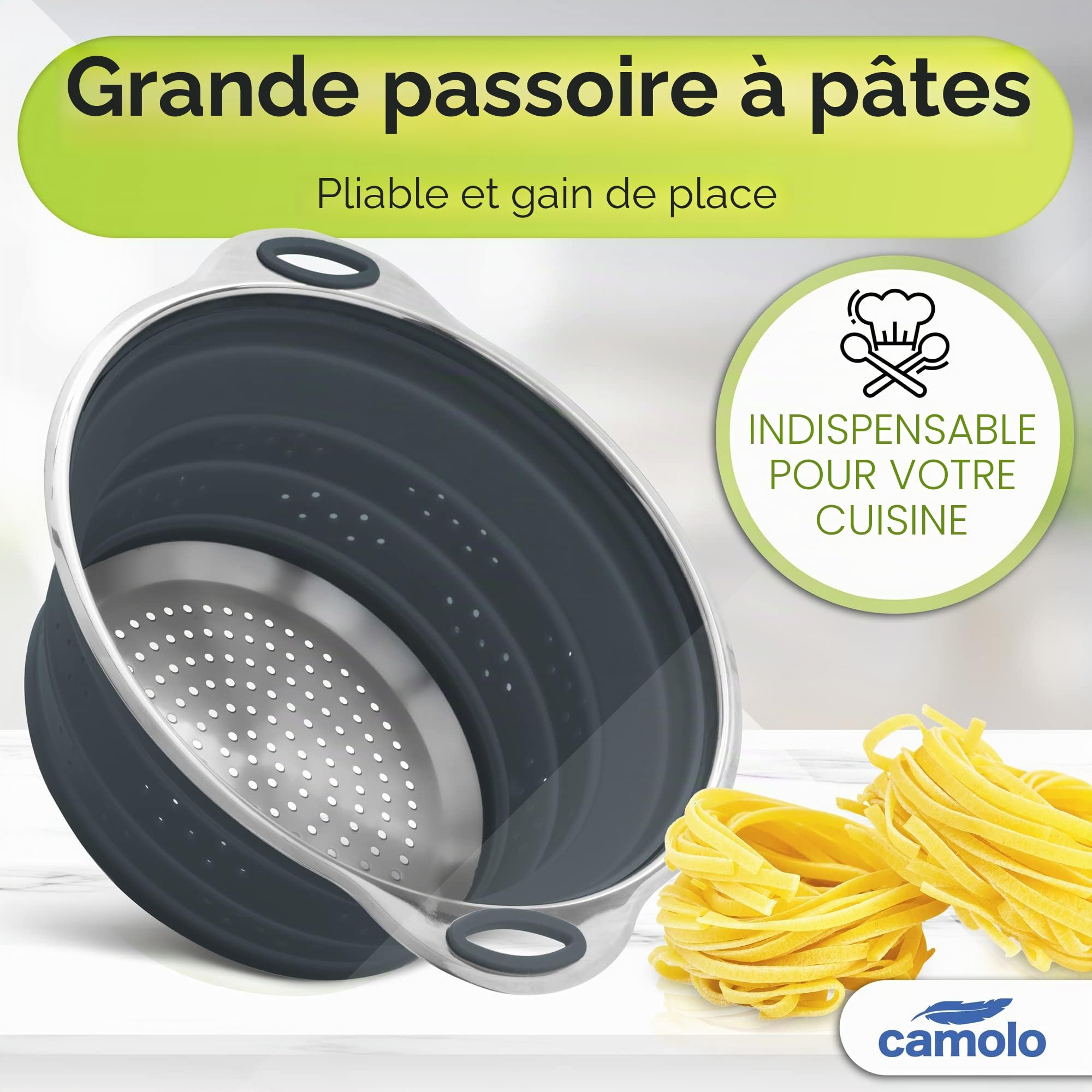 Passoire à pâtes en acier inoxydable et silicone - Pliable - Résistant à la chaleur et peu encombrant - Gris