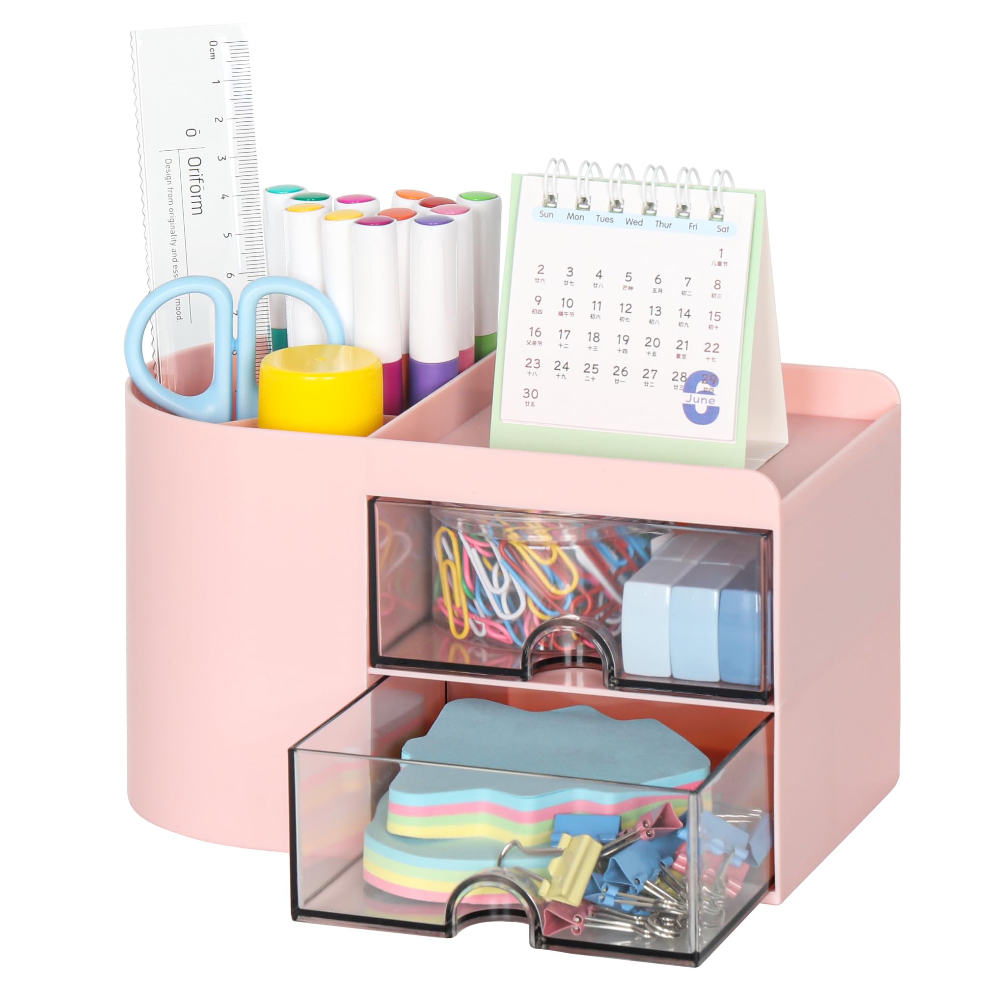 TQVAI Desk Organiser with Drawers Multifunctional Pen Holder for desk 3 Compartments 2 Drawer Dividers for Office School and Home, Pink