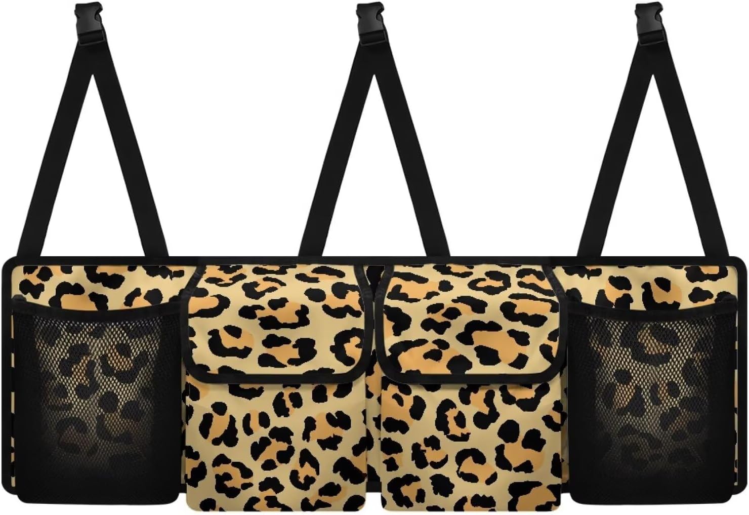 Leopard Print Car Storage Bag with 4 Pockets Car Trunk Storage Bag Large Capacity Cars Accessories Easy to Store and Install Fits for SUV Cars Vans