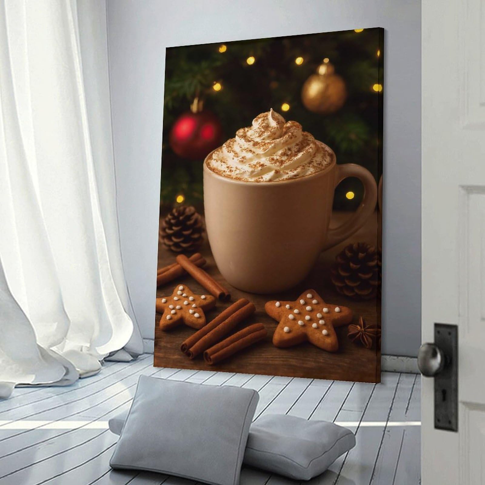 Junmoney Canvas Art Print Festive Hot Chocolate with Gingerbread Cookies, 12x18inch(30x45cm), for Office, Study Or Home Workspace, Home Office Artwork with Decorative Appeal