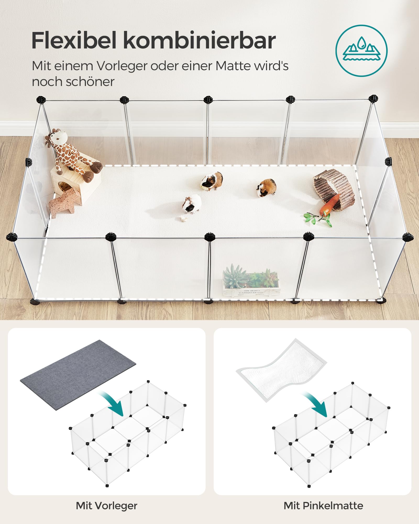 SONGMICS Freigehege mit Bodenplatten, Laufstall, Meerschweinchen Gehege, aus Kunststoff, Gehege für Hamster, Kaninchen, Igel, 140 x 70 x 45 cm, weiß LPC02W