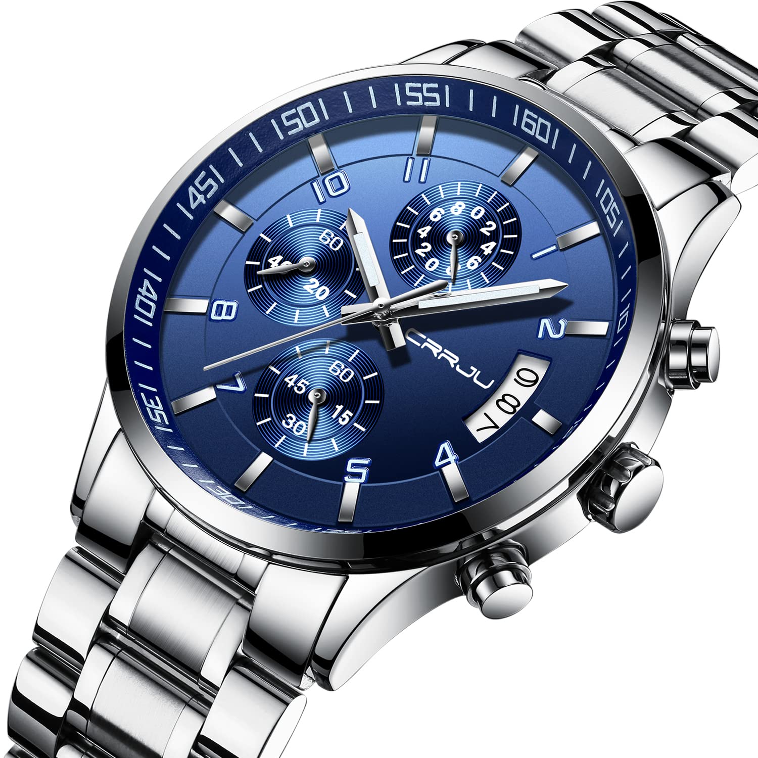 CRRJU Relojes de Pulsera para Hombres Impermeable Moda Analógico Cronómetro para Hombre de Cuarzo con Correa en Acero Inoxidable Negro Multifuncional Deportivos Reloj Regalos (Azul Plateado)