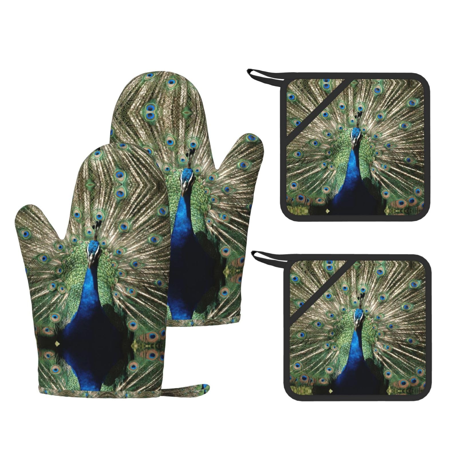 The Peacock Printed Potholder and Oven Mitt Set of 4, High Heat Resistant Cooking Gloves for BBQ Grilling