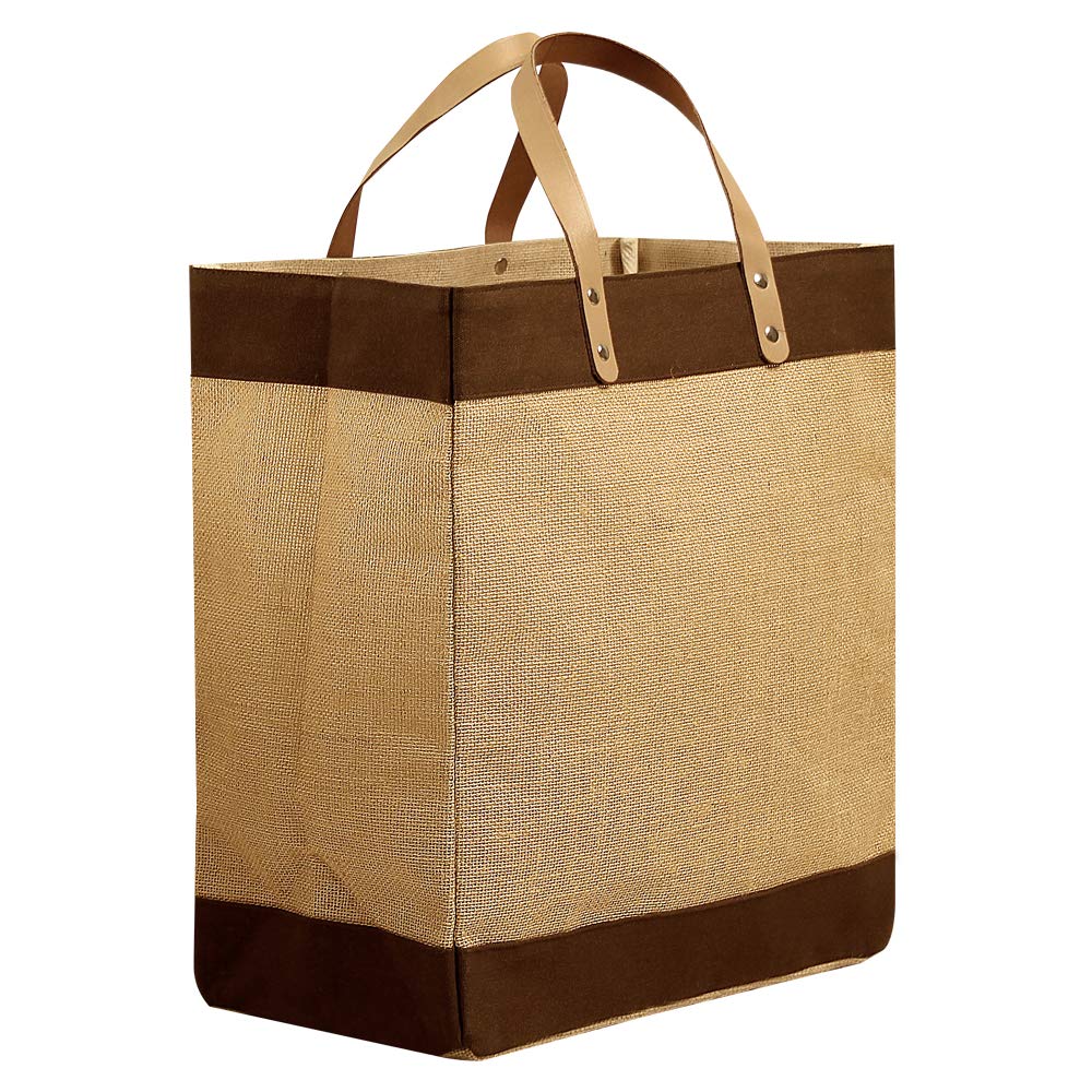 Preferred Nation Kona Jute Tote (Set of 2), Burlap with Leather Handles, Extra Wide for Grocery, Shopping, Beach, Outting Tote, Eco Friendly Brown