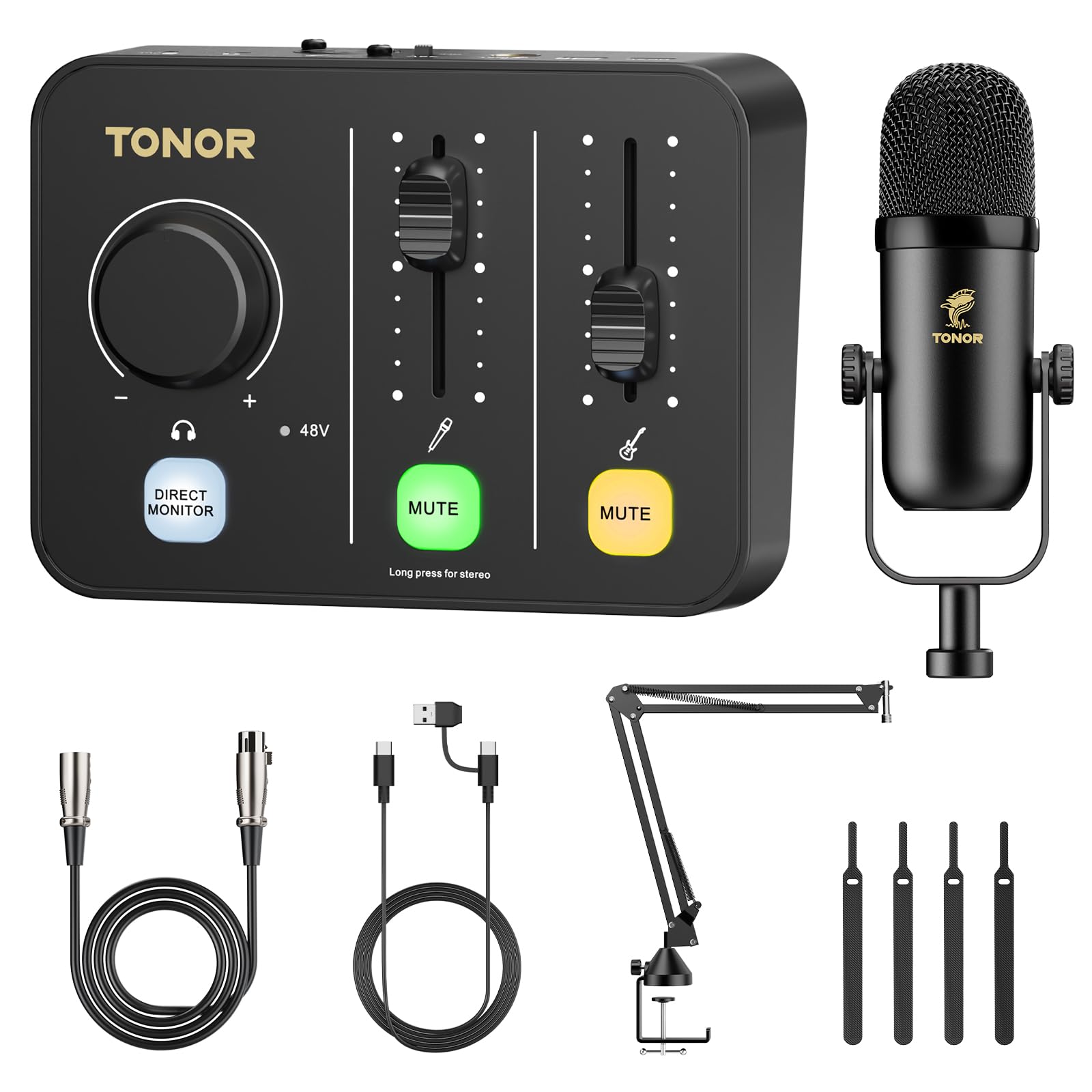 TONOR Ensemble D'équipements de Podcast, Mixeur Audio avec Micro Dynamique ou Perche, Microphone XLR avec Interface Audio de Studio, Pack tout-en-un pour Podcasting, Streaming, Enregistrement POD-1
