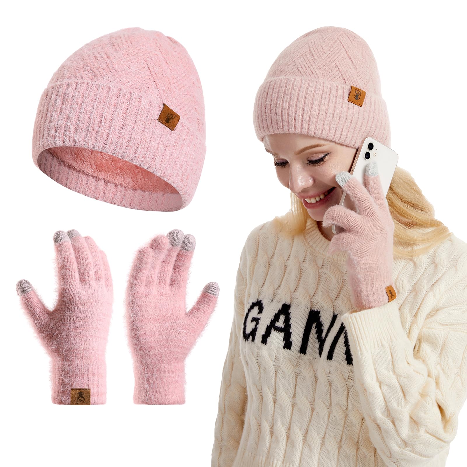 Bonnet et Gants pour Femme Gants Tactiles Thermiques et Bonnet Hiver Chaud en Doublé Polaire pour Femme