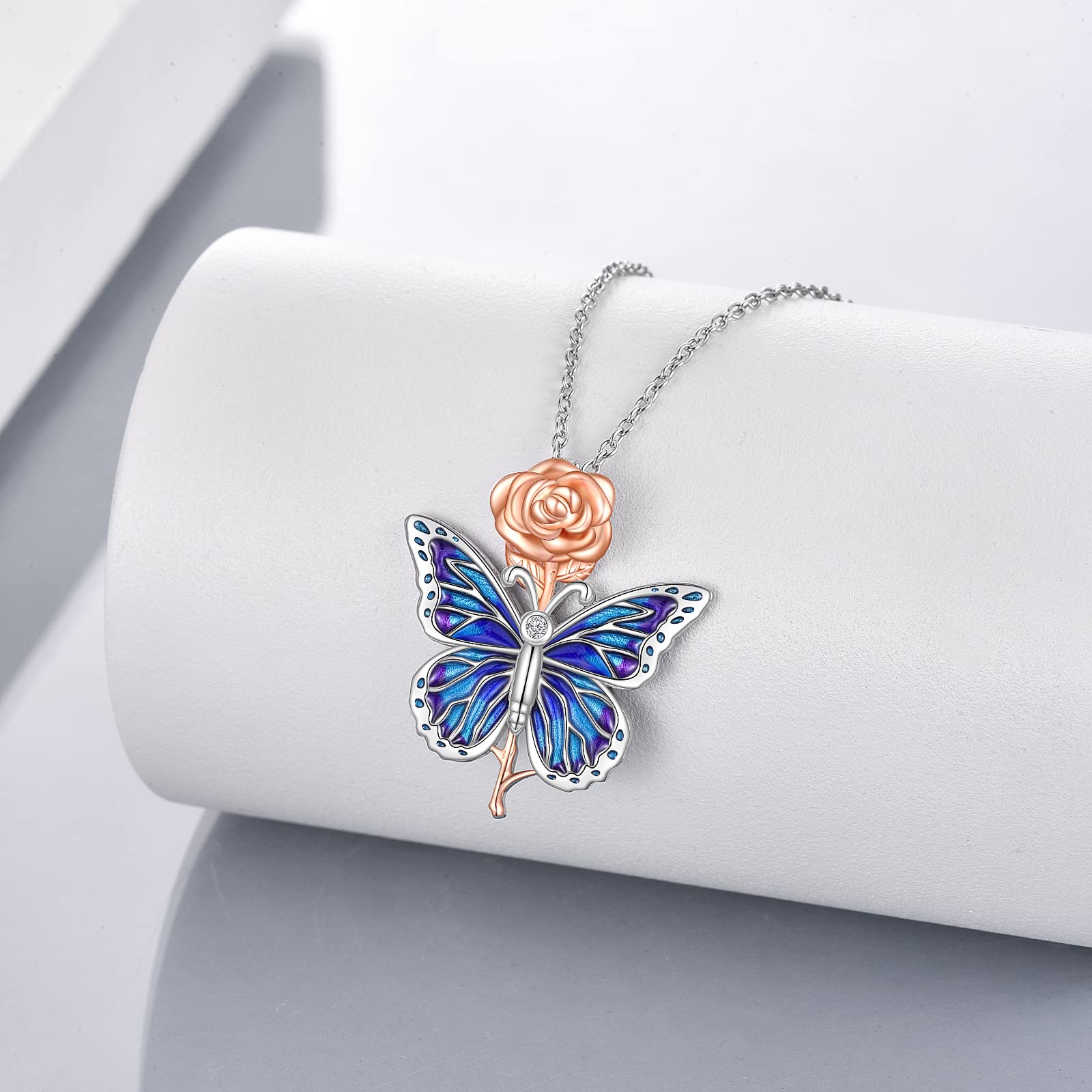 YAFEINI Schmetterling Kette Rose Blume Anhänger Halskette 925 Sterling Silber Schmetterling Schmuck Geschenk für Damen Mama Mädchen