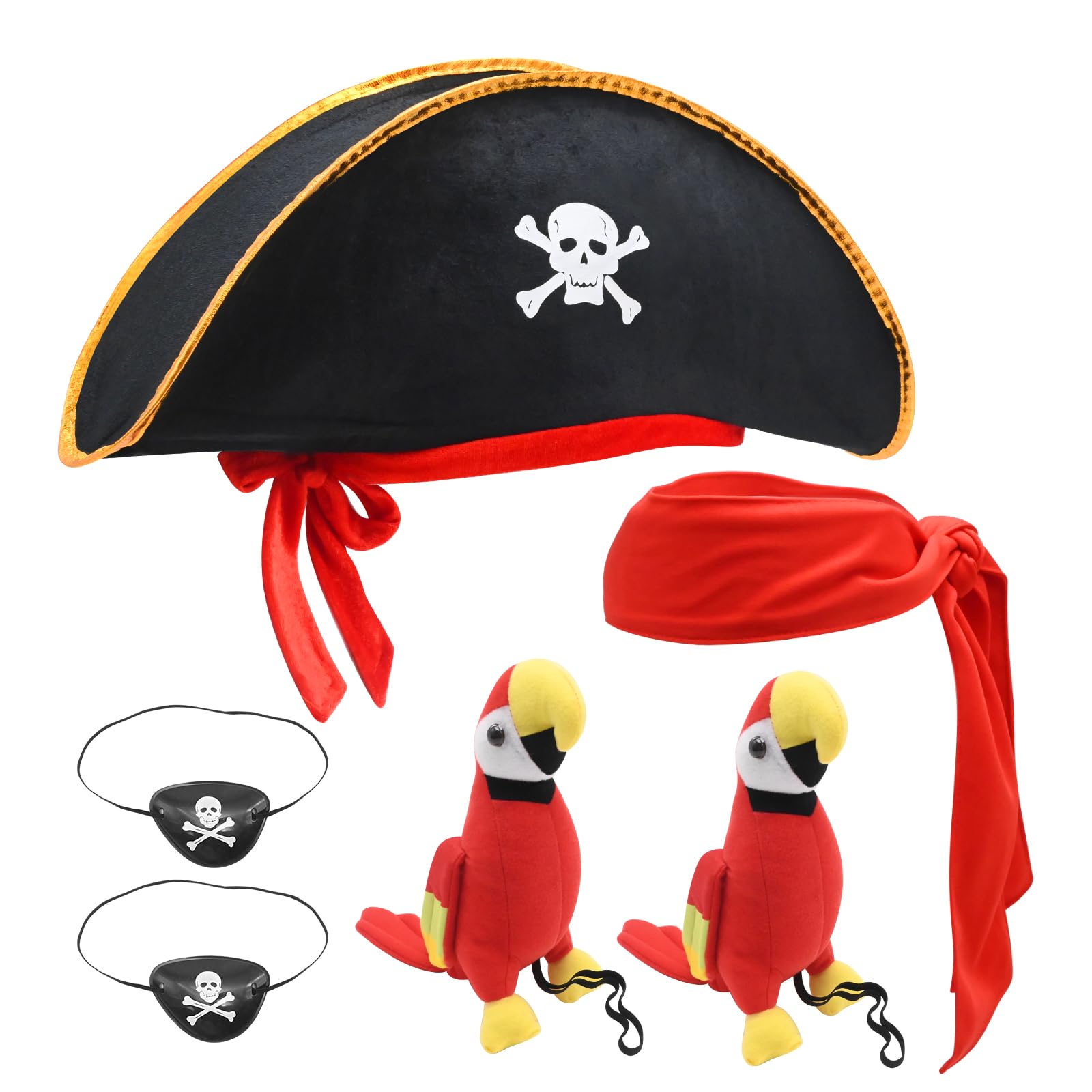 SYOWADA 6 Pcs Pirate Costume Accessories Hat Skull Print Eye Patch Red Pirate Bandana Shoulder Parrot Outfit Supplies