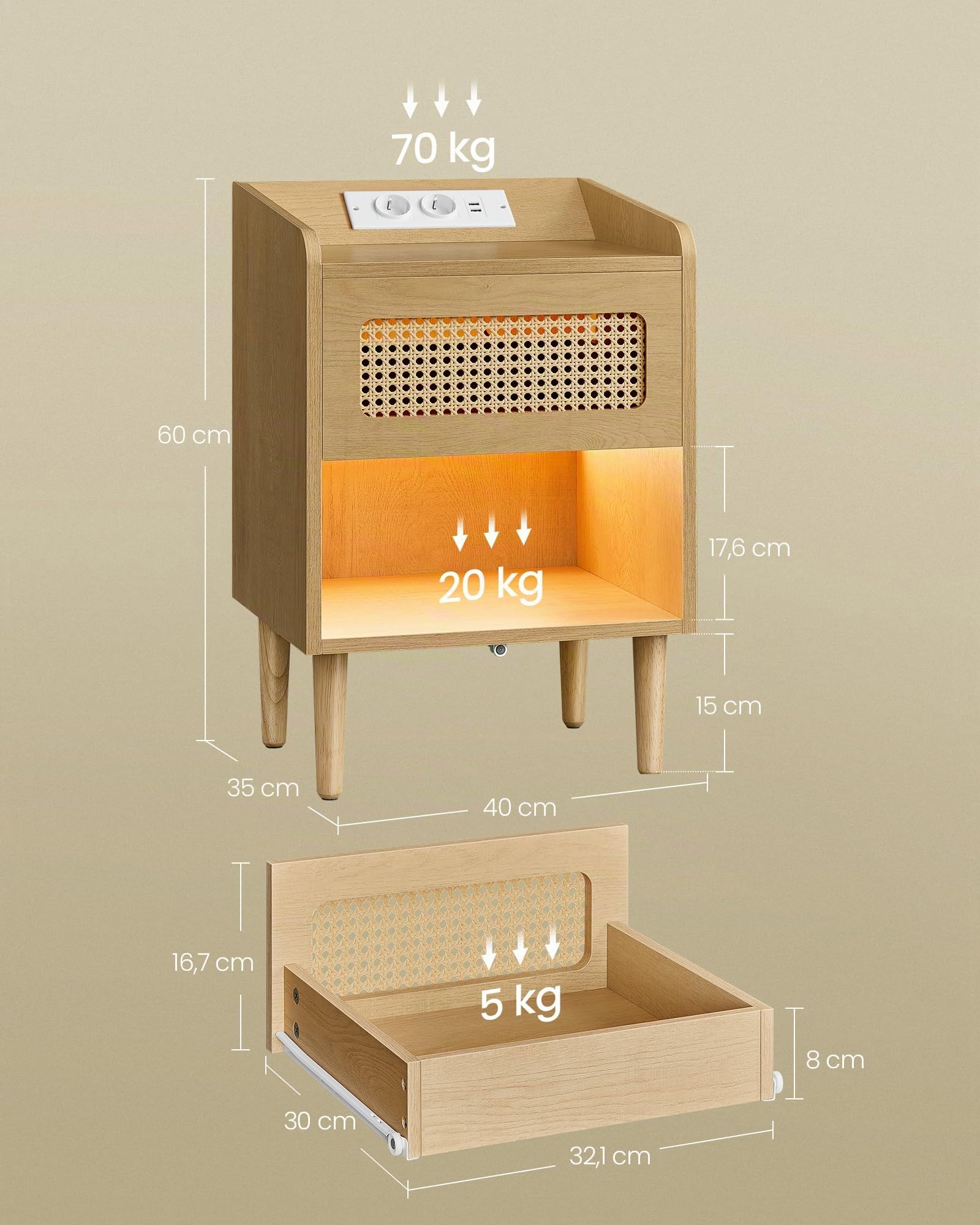 SONGMICS HOME BOHOVEN Collection - Table de Chevet avec Multiprise, Lot de 2, avec Lumière à Détecteur de Mouvement, Table d’Appoint Effet Rotin, Pieds en Bois Massif, Style Bohème, Beige Chêne
