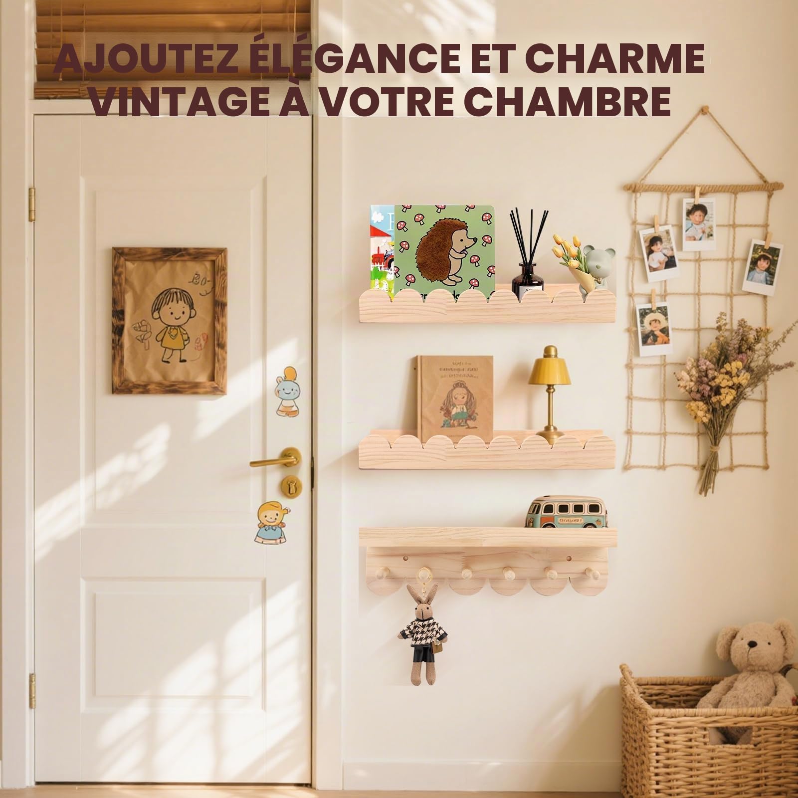 Lot de 3 Étagères Murales pour Livres pour Enfants, Étagère Murale pour Chambre d'enfant 40 cm, Étagère Murale en Bois pour Livres avec Crochets Flottants pour Chambre de Jeu Chambre à