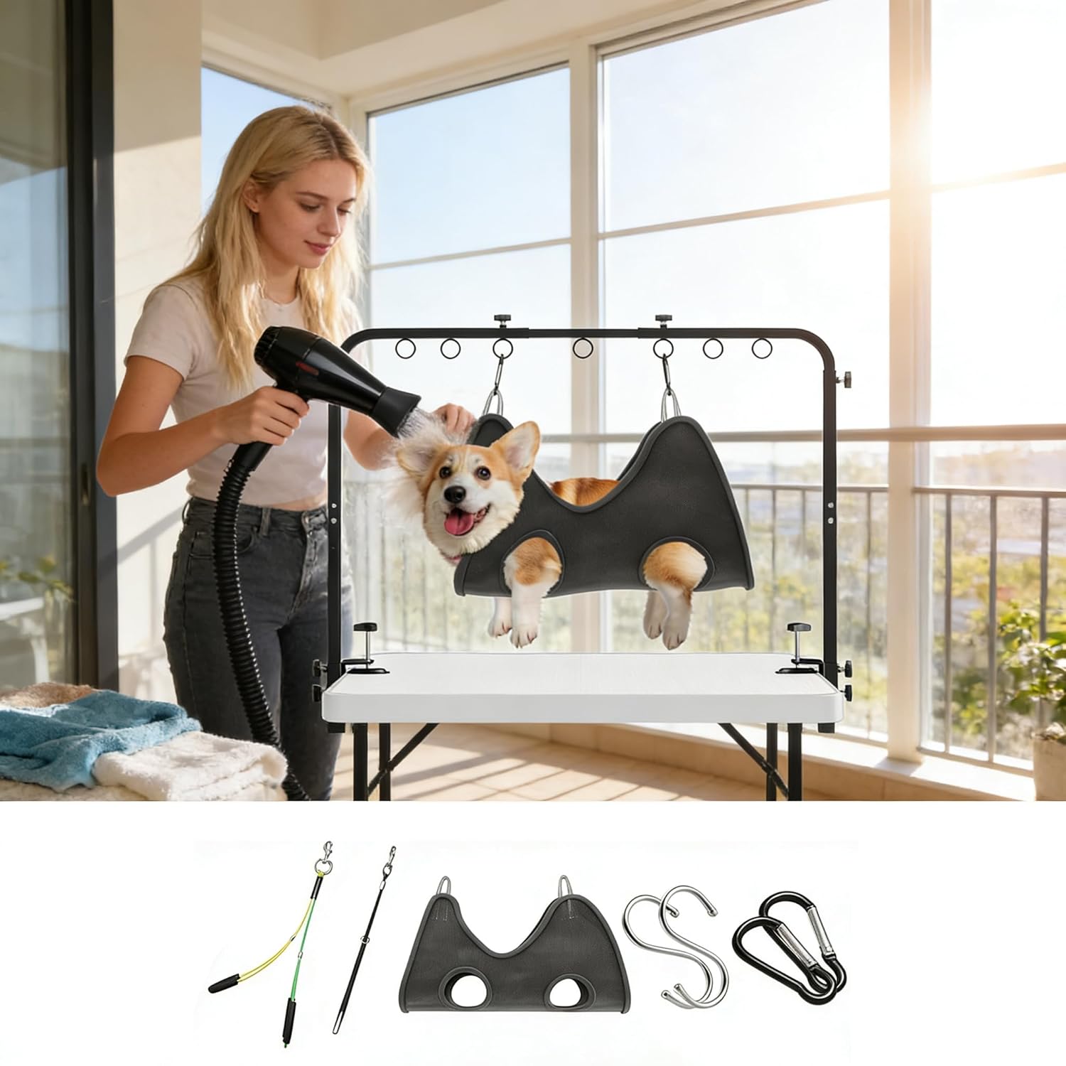Dog Grooming Table Arm with Hammock 42'' Height, 27''–39'' Width, Clamp Fits Up to 2.76'', with Hammock & 2 Nooses – Portable Pet Grooming Station for Nail Trimming, Cats & Dogs at Home