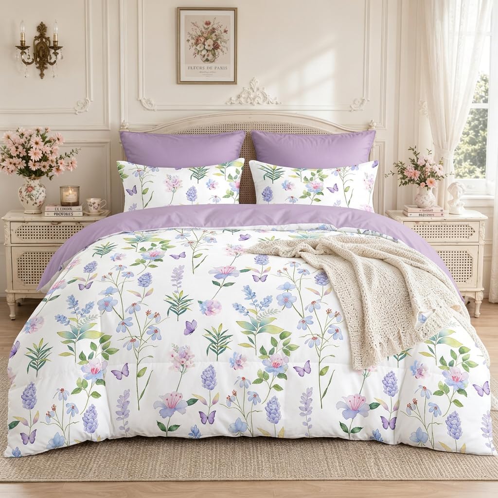 CCoutueChen Purple Floral Comforter Set Queen Size, Purple Lavender Botanical Bedding Set for Cottagecore Bedroom Decor, 3 Pcs Soft Microfiber Lightweight Comforter Set with 2 Pillowcases, 90"x90"