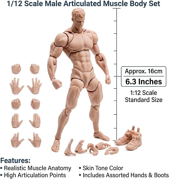 1/12 Scale Action Figure, Male Action Figure Body, 6 Inch Flexible Muscular Blank with Head Accessories (White Skin)