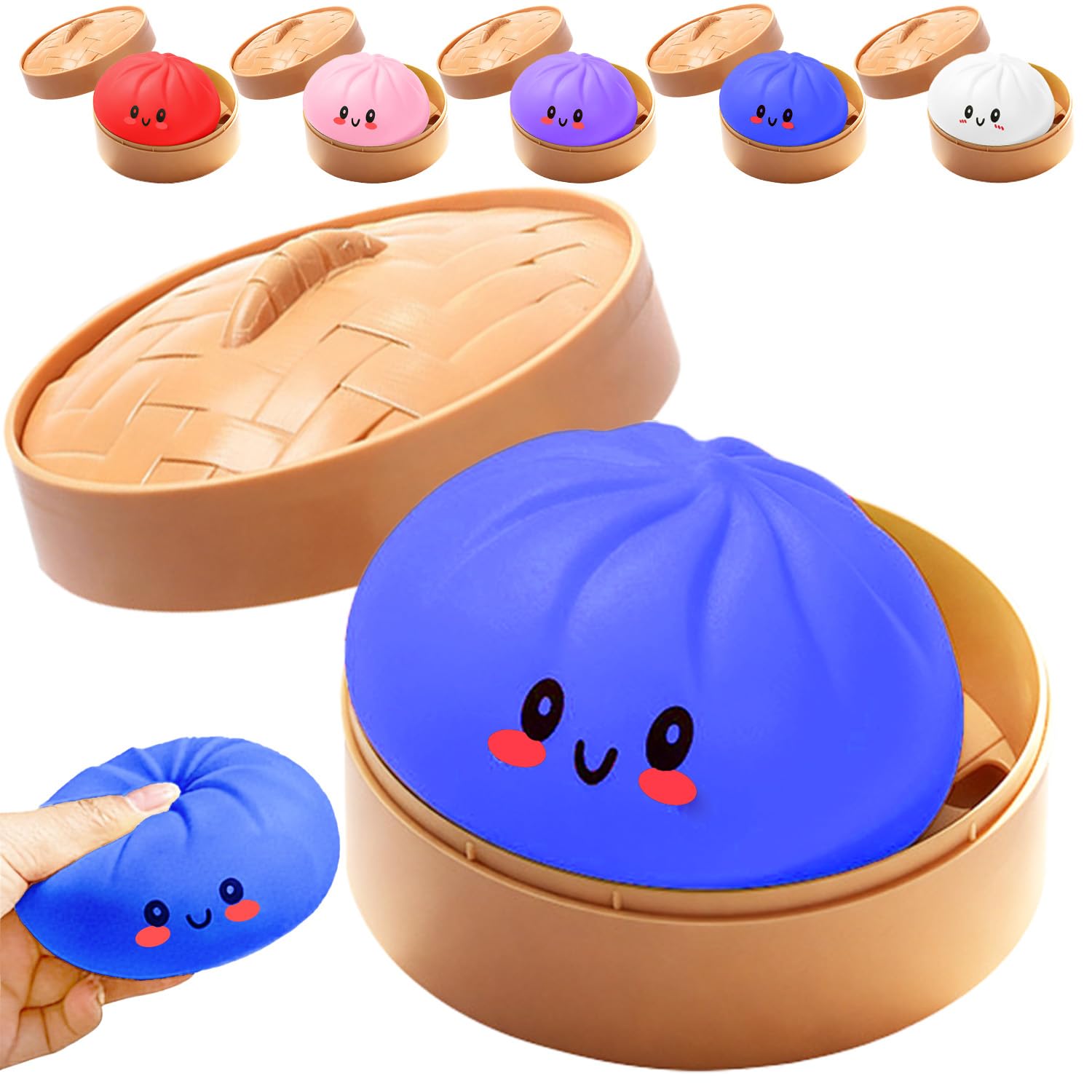 Dumpling Squishy Toy, New Cute Glitter Dumpling Squishy Ball with Plastic Steamer Box, Giant Mystery Dumpling Squishy, Sensory Anxiety Relief Squeeze Toy for Kids & Adults Ages 3+ (Blue) — image 1