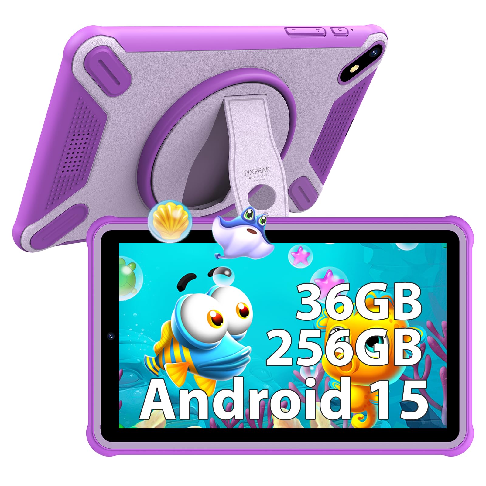 7" Tableta para niños, 36GB RAM 256GB ROM (SD Expandible), Android Kids Tablet, Control Parental, Pantalla FHD, 6580mAh, 5MP+2MP, WiFi, Bluetooth, Tableta Educativa (Pink)