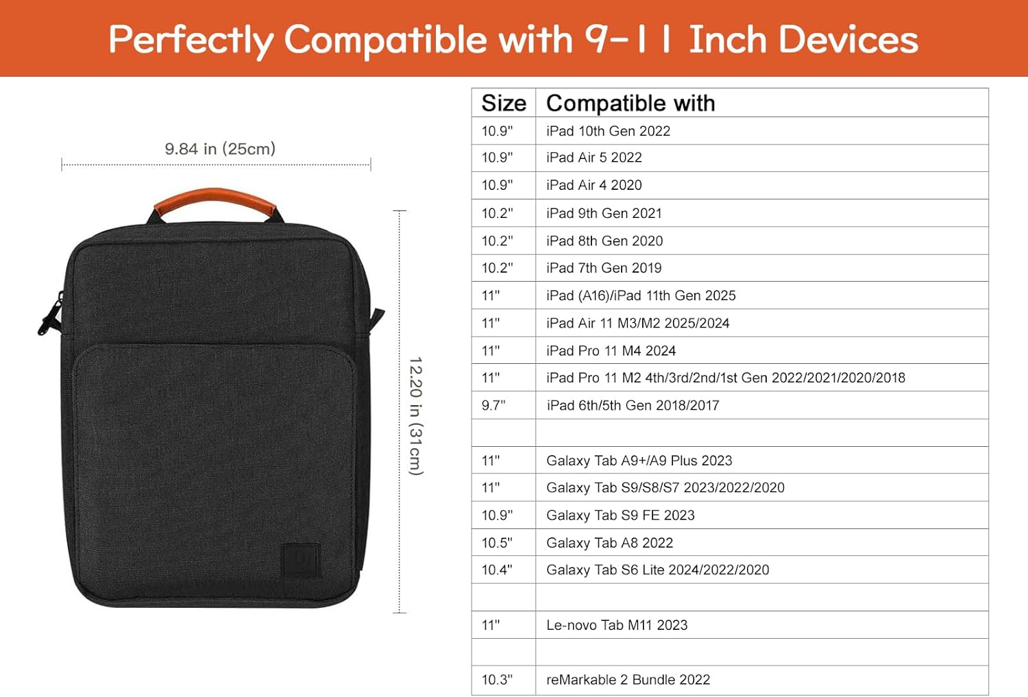 Dadanism 9-11 Inch Tablet Sleeve Bag Carrying Case with Shoulder Strap for iPad (A16) 11", iPad 10th Gen 10.9" Air 5/4, i-Pad Air/Pro 11", i-Pad 9/8/7th 10.2", Galaxy Tab A9+ Plus 11",Black & Grey - Image 3