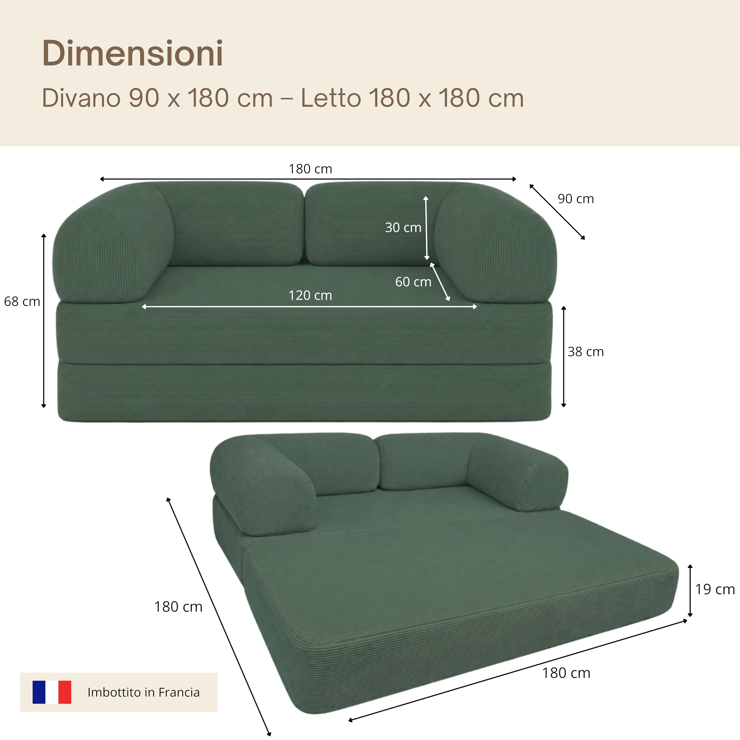 bananair - Divano 2 Posti Prodotto in Francia - Divano Letto Modulare in Schiuma ad Alta Densità e Tessuto in Velluto a Coste - Design Innovativo Boneless Couch, Spedito Compresso (Verde Foresta)