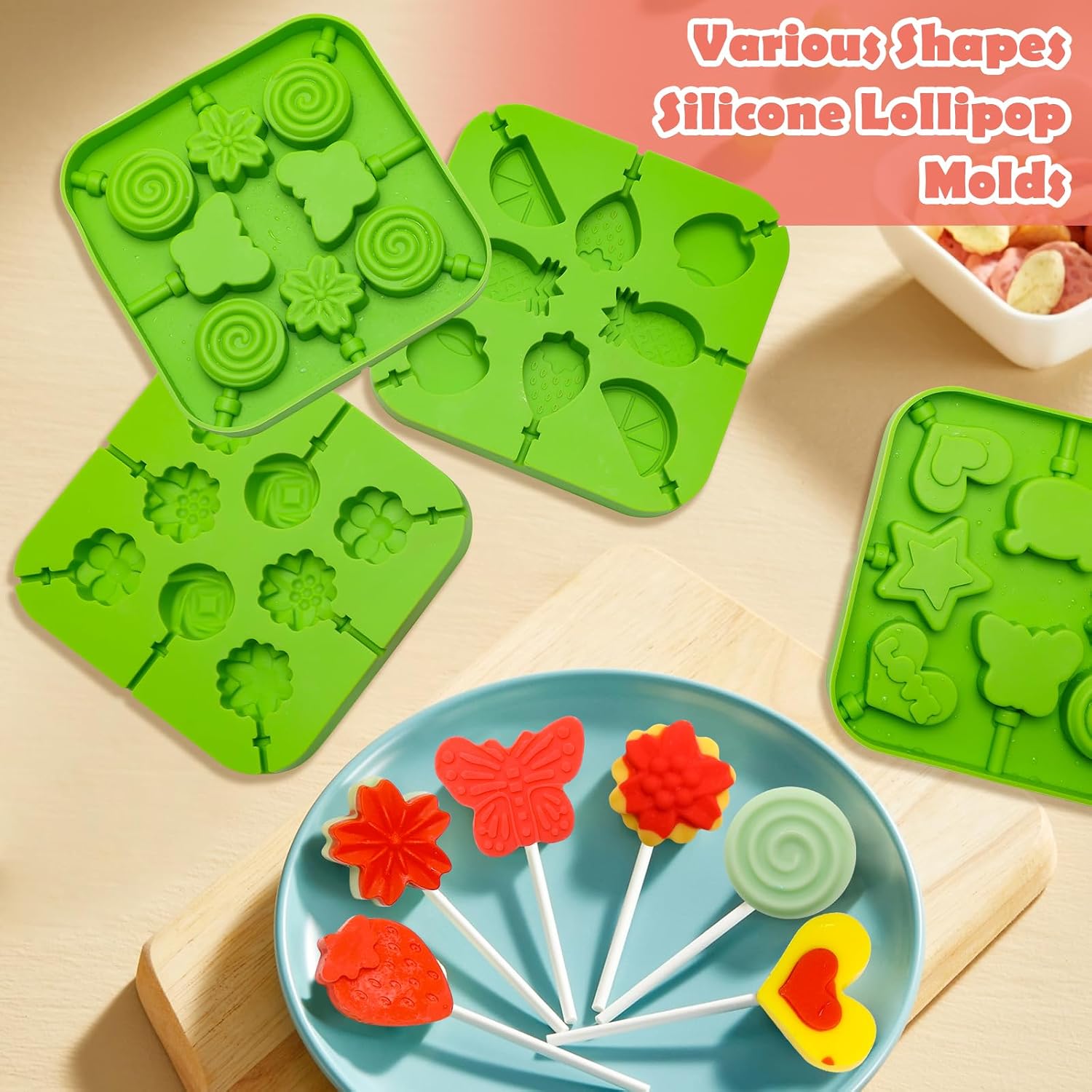 4Pcs Silicone Lollipop Molds Shape Kit with Sticks for Hard Candy (Green)