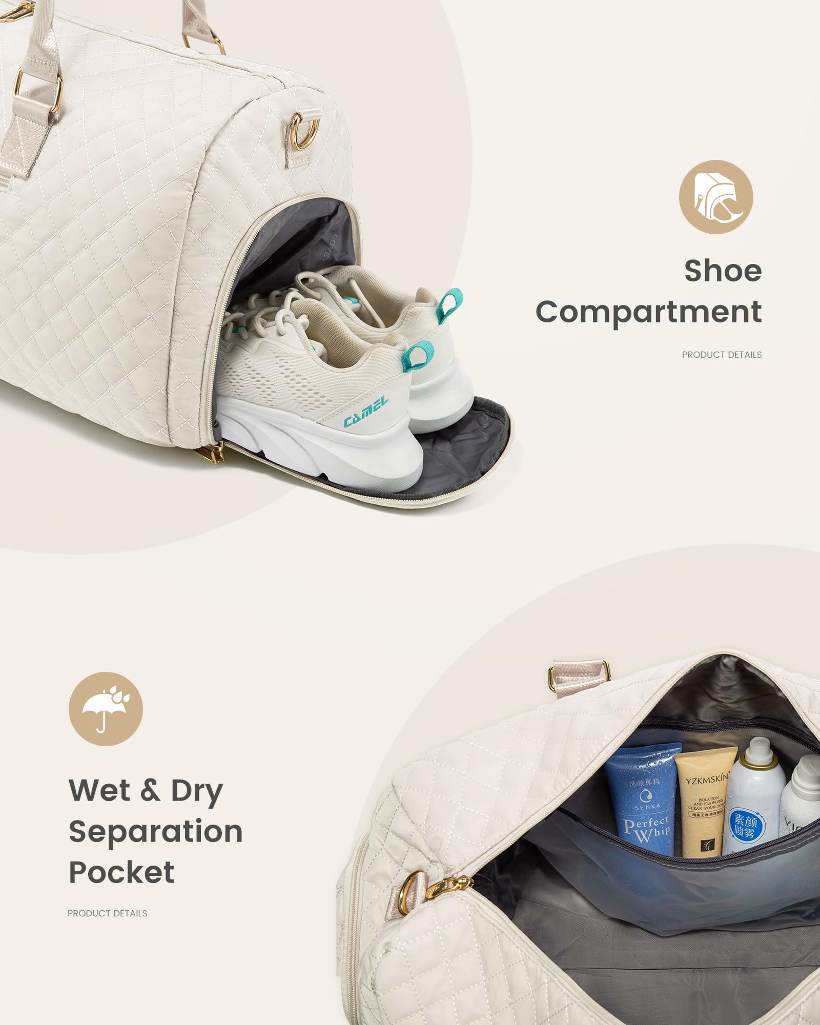 LOVEVOOK Borsone da Viaggio Donna Borsone Palestra con Scomparto per le Scarpe, Grande Borsa Parto Ospedale Mamma Nascita, Impermeabile Borsa Piscina Sportiva, Travel Weekender Gym Bag Beige