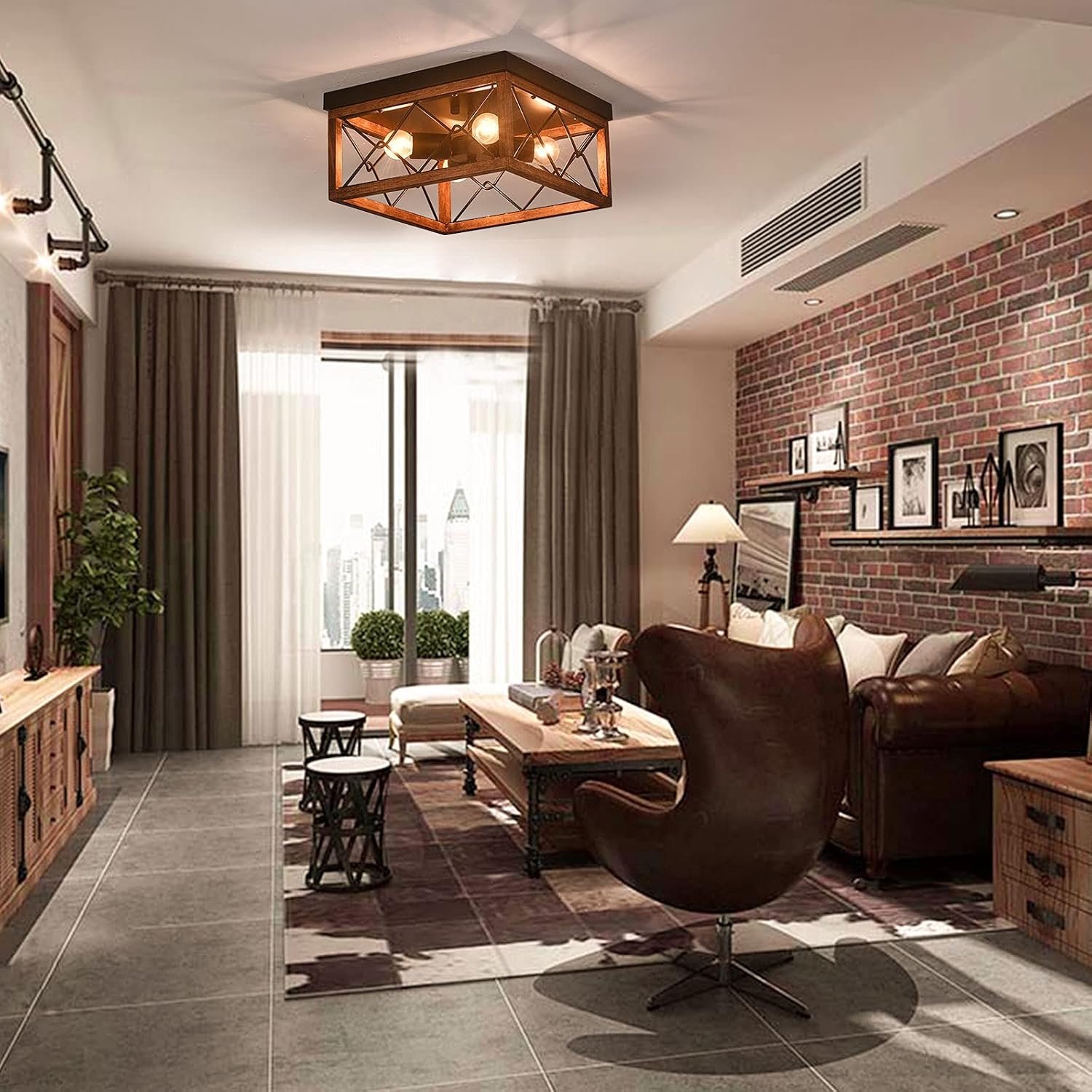 Light Brown Wooden Flush Mount Ceiling Light, Farmhouse 4-Light Wooden Close to Ceiling Lighting Industrial Retro Farmhouse Ceiling Light for Kitchen Living Room Bedroom Hallway, 12.6”x12.6”x6.2”