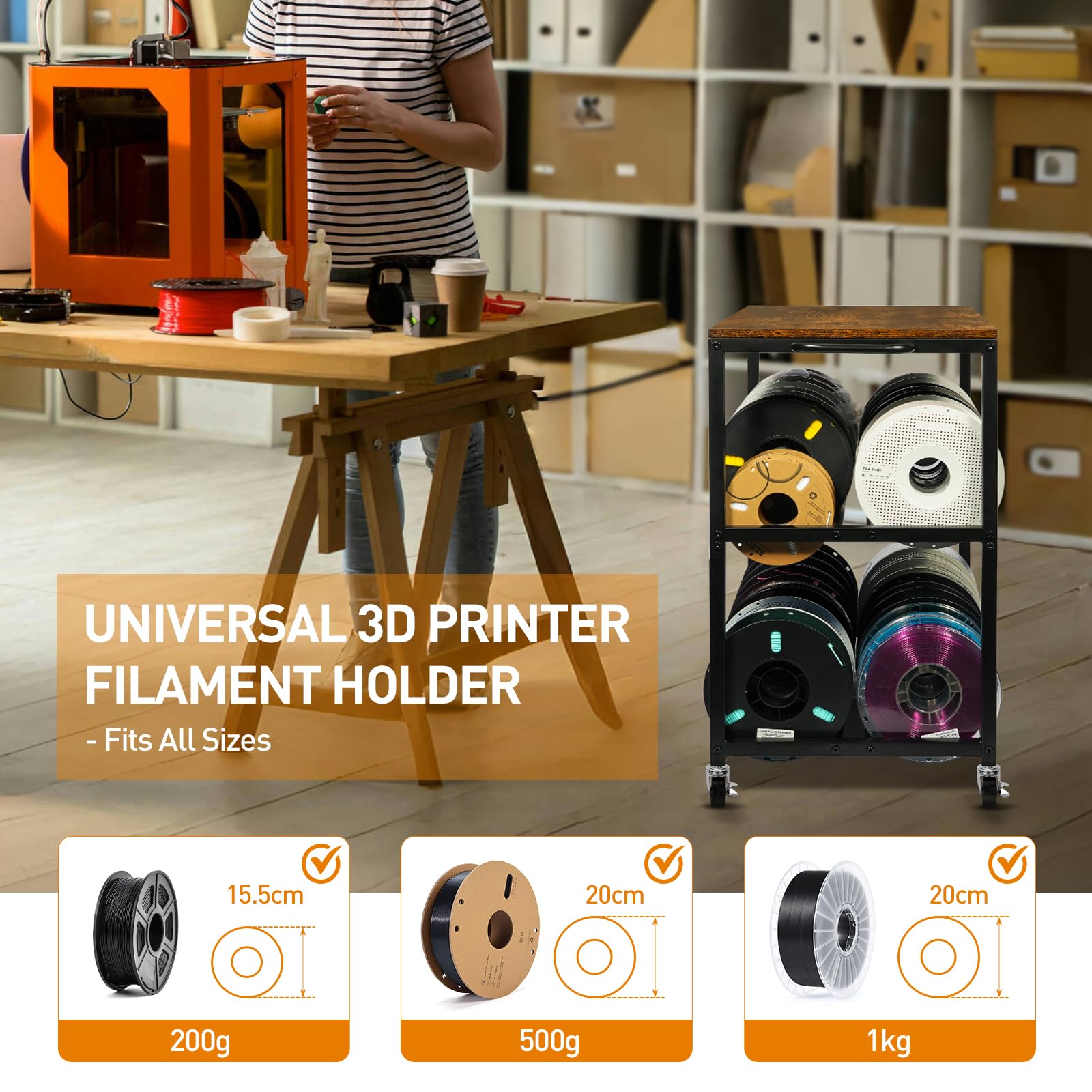 ikkle 3D-Drucker Filament Lagerregal mit Rädern – Schweres Metall Spulenhalter, 3-Etagen 3D Druckerzubehör Organizer für PLA/ABS/TPU/Nylon – Für 3D-Druckstation, Büro & Werkstatt, Braun