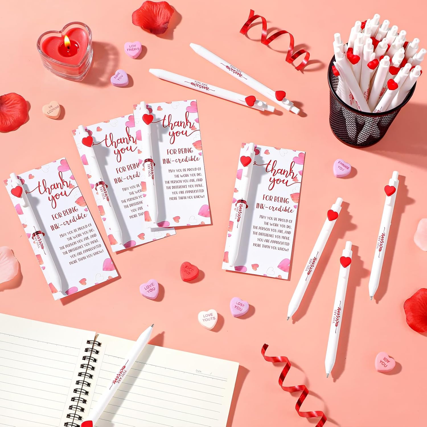 Jetec 30 Sets Valentines Pens Bulk Heart Employee Appreciation Gifts Inspirational Ballpoint Pen with Thank You Card Funny Pink Valentine Favors for Staff Teacher Nurse Office Supplies (Inspirational) - Image 5