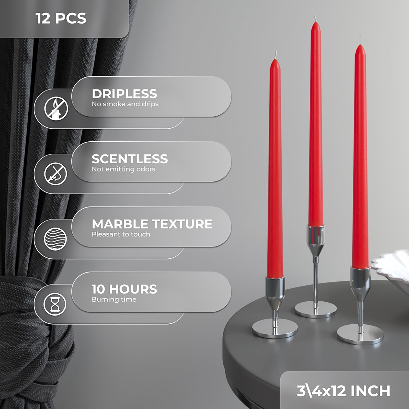 D'light Online Set 12 Candele Coniche Rosse Metallizzate | Dipinte A Mano, Senza Goccia E Senza Fumo, Lunga Durata 6-8 Ore