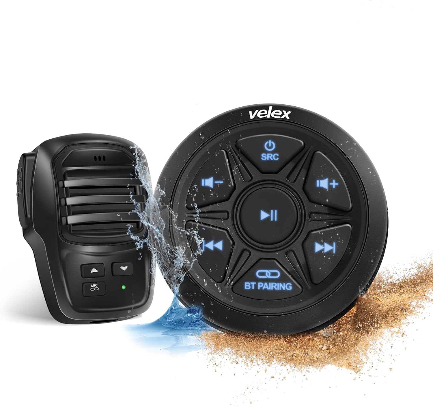 Velex Bluetooth Audio Receiver, Waterproof Marine Amplifier 2 Channel with Rechargeable Handheld Microphone Wireless Range 30 Feets