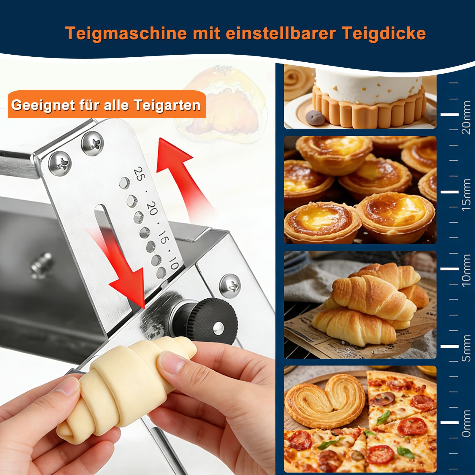 Tragbare,Teigausrollmaschine Faltbar & Manuell | Einstellbare Teigdicke 0-25 mm für Pizzateig, Blätterteig, Nudelteig & Croissants | Edelstahl (90x40cm)
