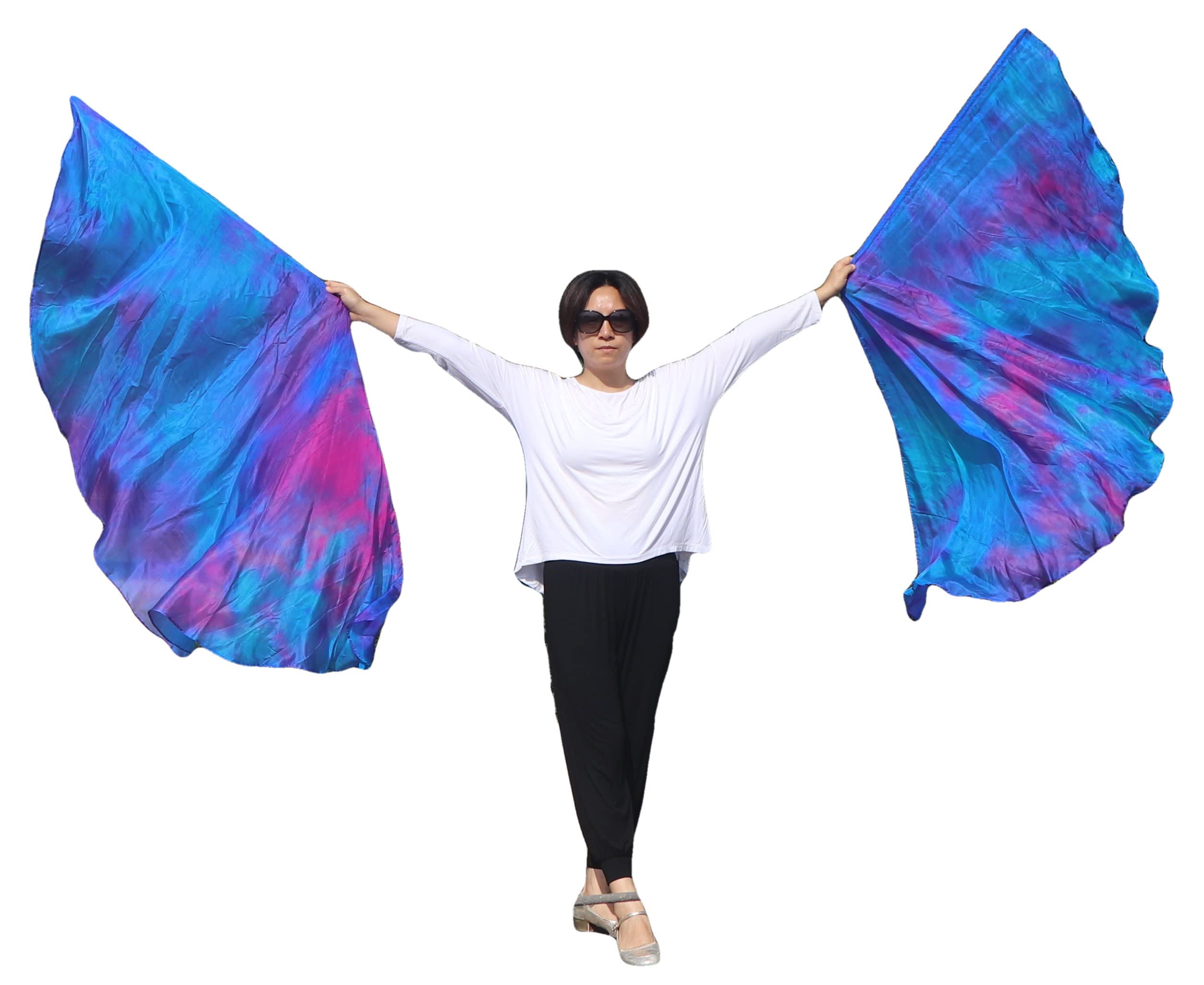 Winged Sirenny Pair 180cm Silk Dance Angel Wings, Lightweight Flow Props for Belly Dance Performances & Events, 70”Half Circle Sheer Silk with Portable Flexible Pole (Mermaid Dream) — image 1