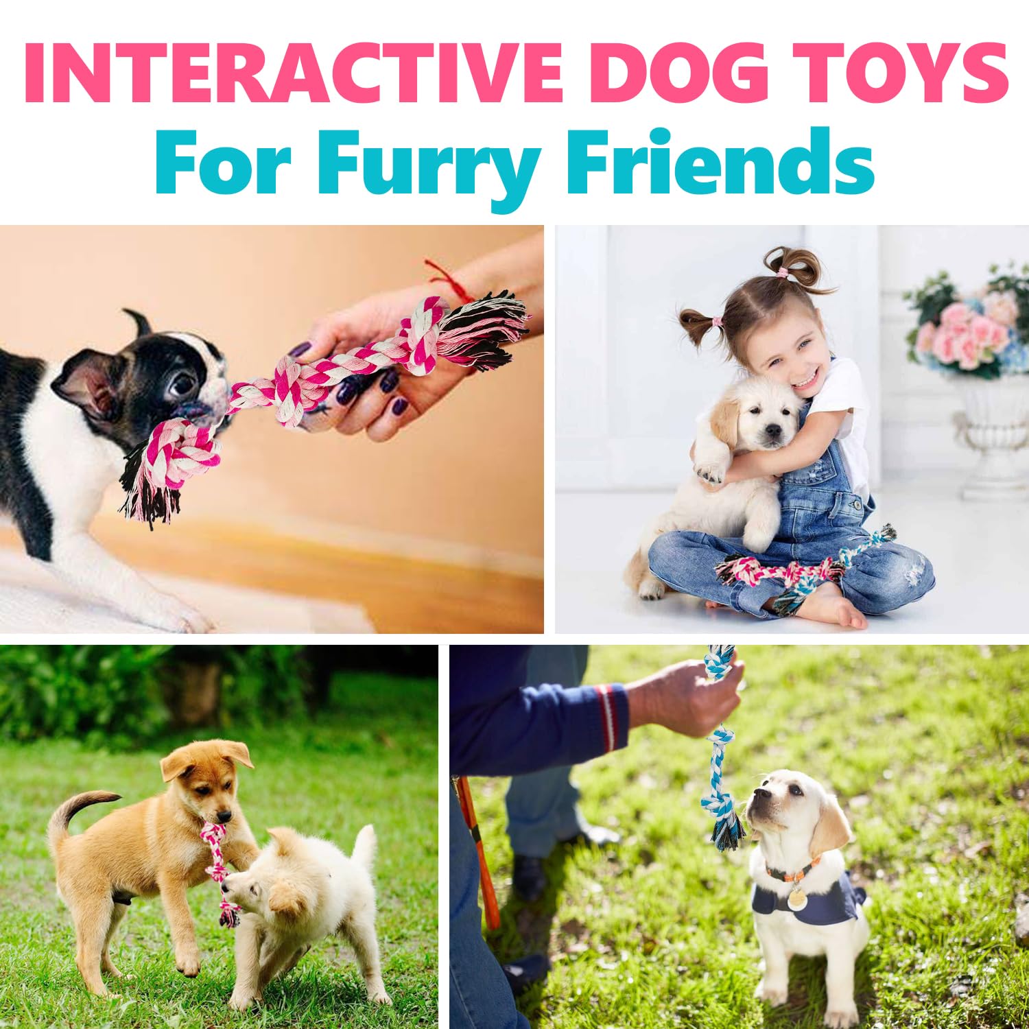 Hundespielzeug, Kauseil für mittelgroße und kleine Hunde, Katzen, Welpen, Zahnreinigung, natürliche Baumwolle, Zugseil für interaktives Tauziehen, lustig (kleine 3 Knoten (2er-Pack)