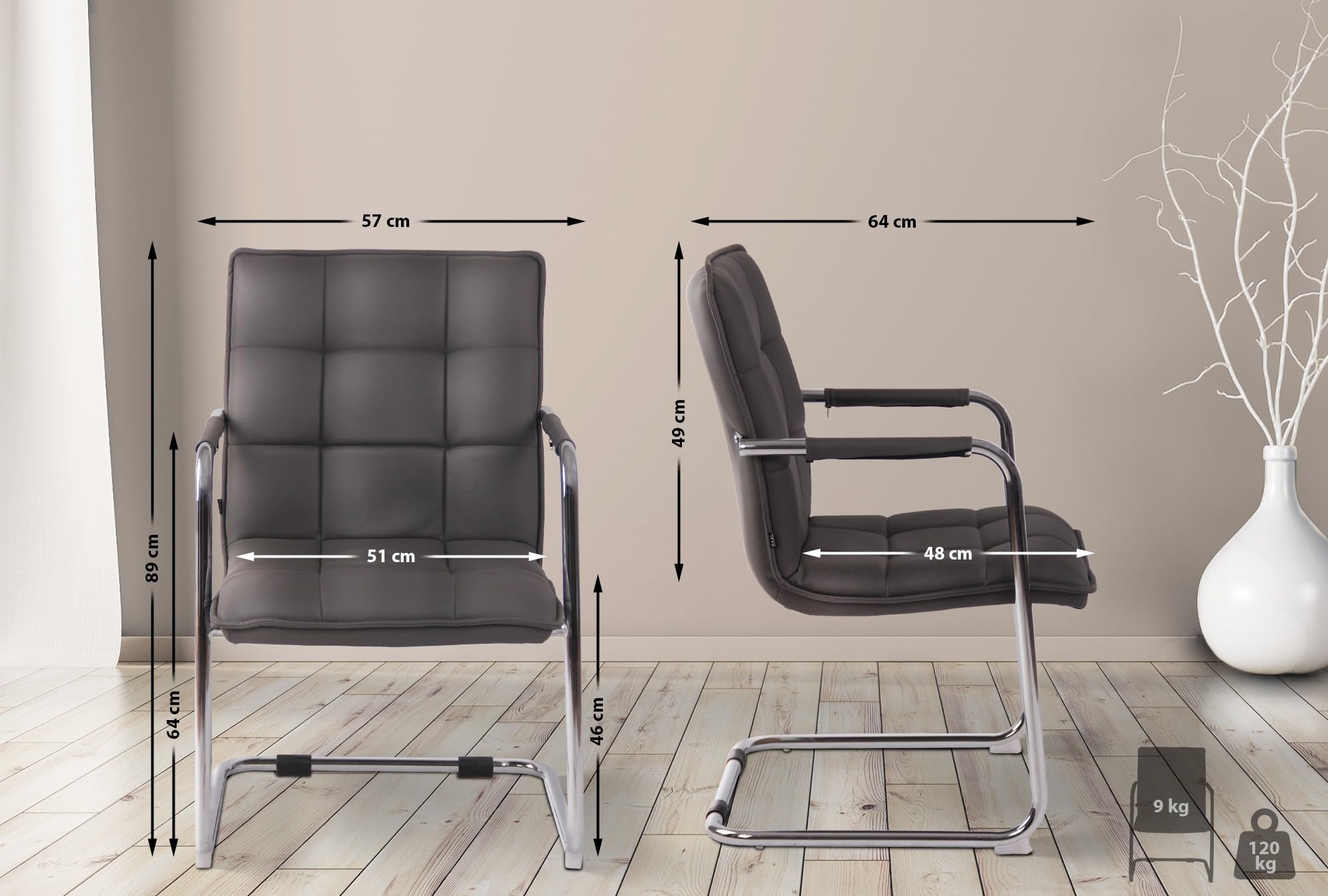 Silla de Conferencia Gandia en Polipiel con Reposabrazos Silla Cantiléver Silla de Oficina Sin Ruedas Gris Marco Cromado