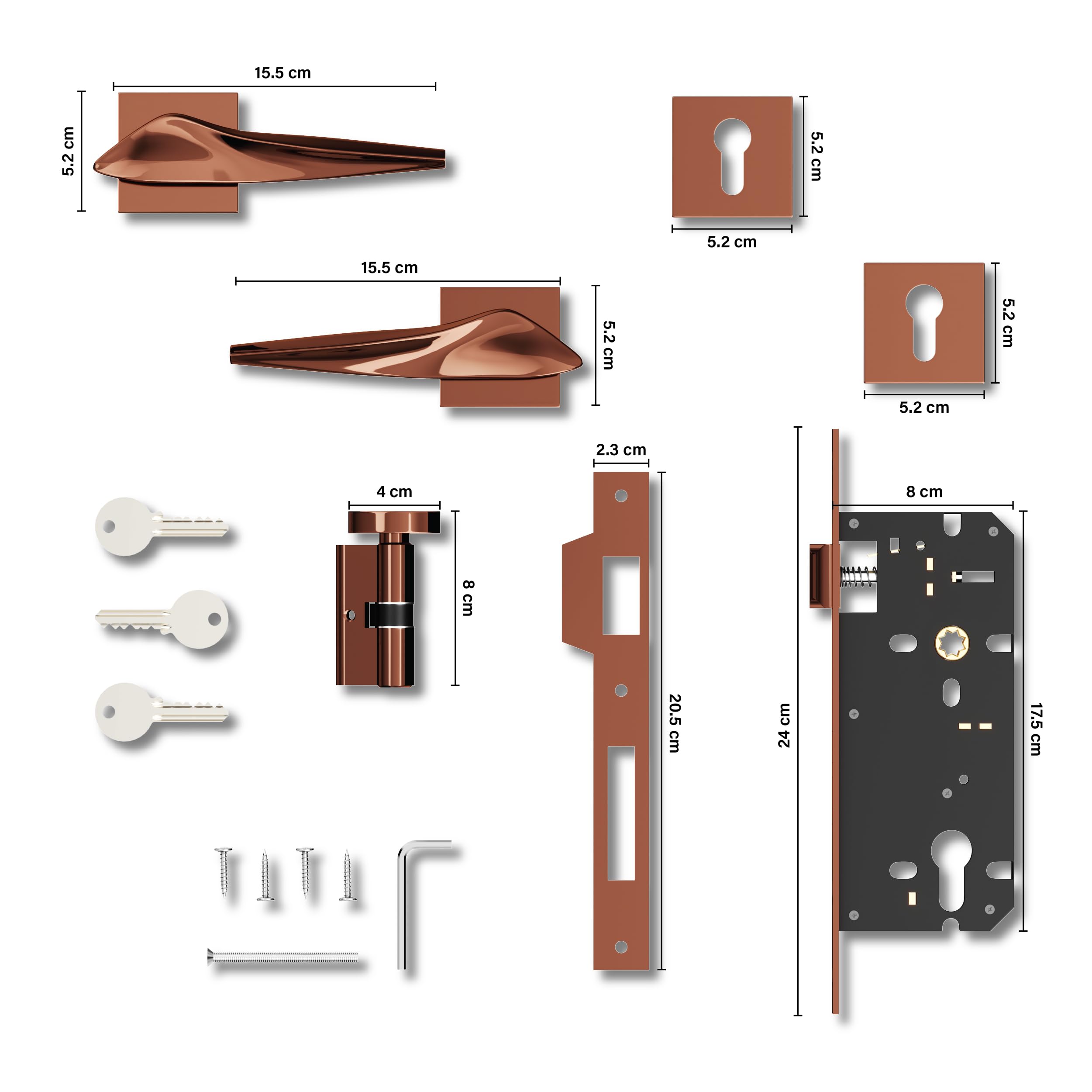 Elegant Rose Gold Mortise Lock Set - 3 Keys -5