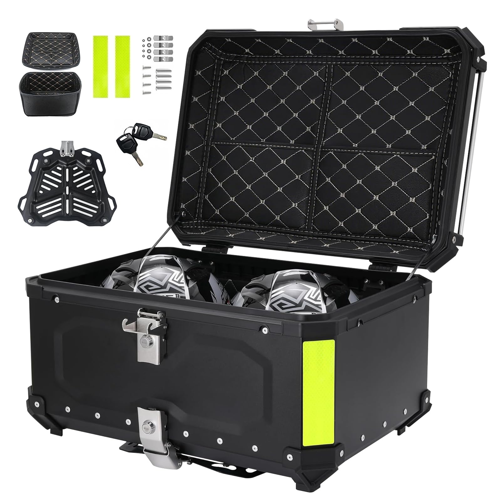 Top Case Moto 65L Universal Aluminium – Wasserdicht IP68, sicherer Heckkoffer, Diebstahlsicherung für 2 Helme, schnelle Demontage für die meisten Motorräder & Roller (schwarz)
