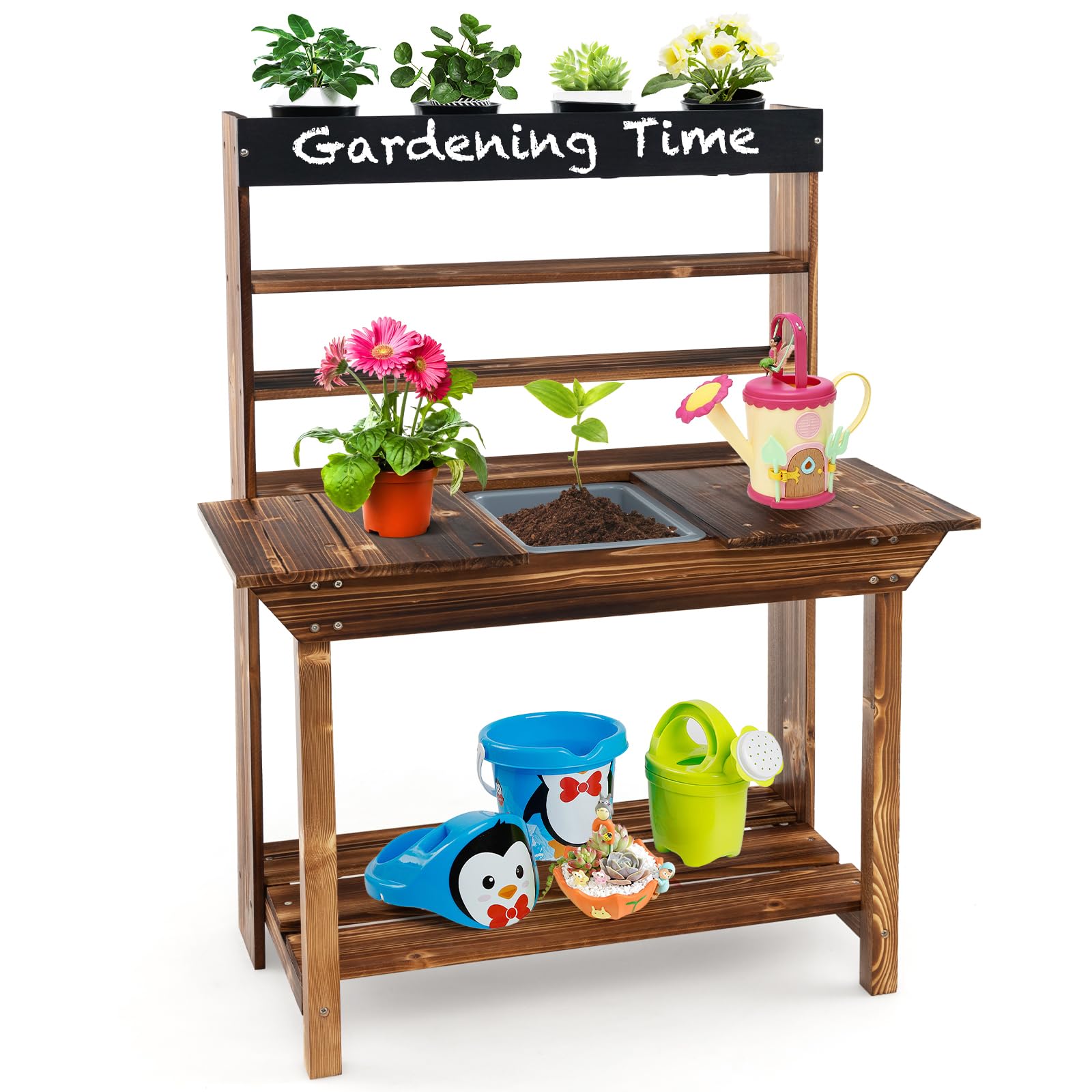 Amazon.com: HONEY JOY Mud Kitchen, Fir Wood Kids Potting Bench Table ...