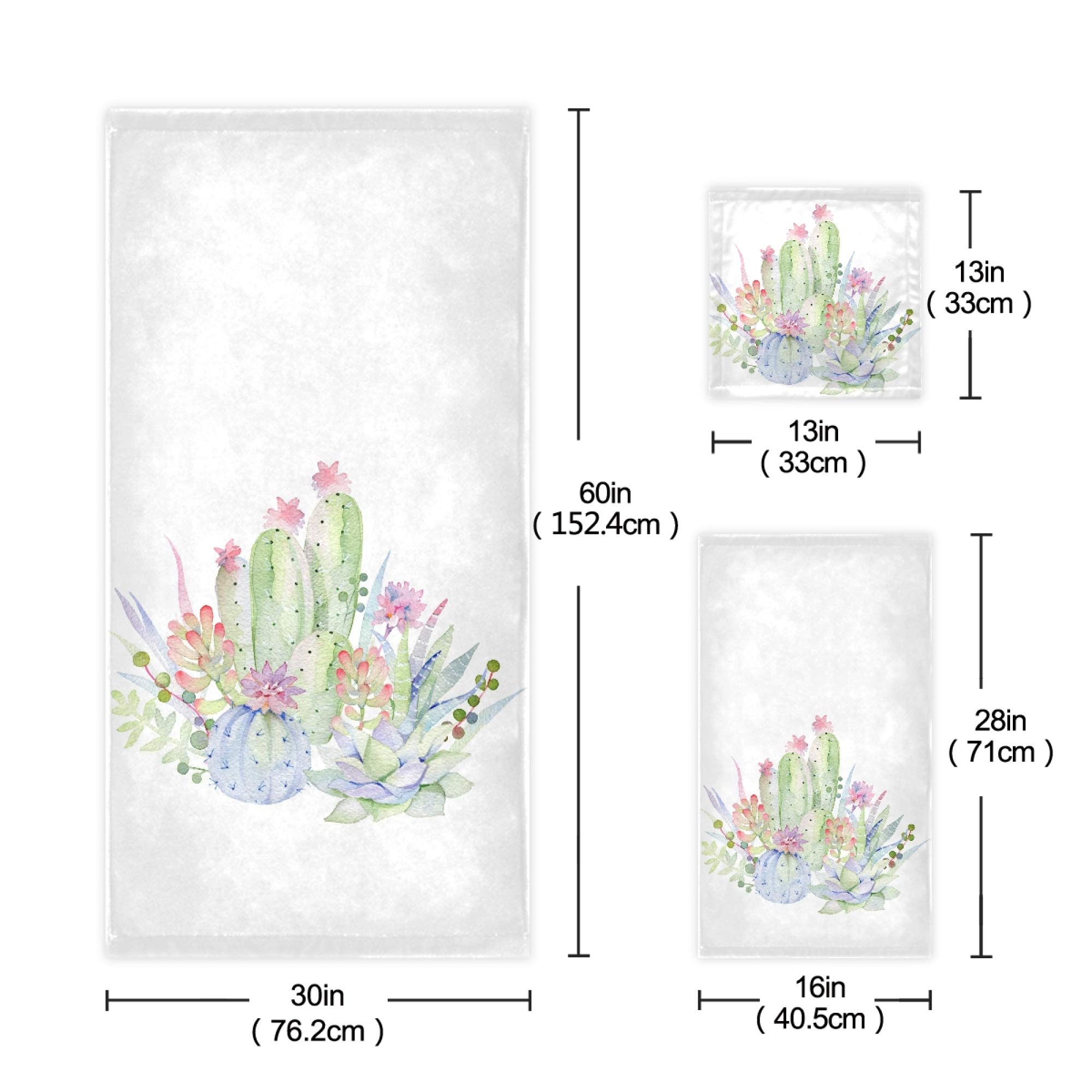 Naanle 3-Piece Towel Set,Watercolor Succulent Cactus Flower Bath Towel Sets, 1 Bath Towel, 1 Hand Towel, 1 Washcloth, Succulent Cactus Floral Plant Absorbent Soft Towels Quick Drying for Bathroom