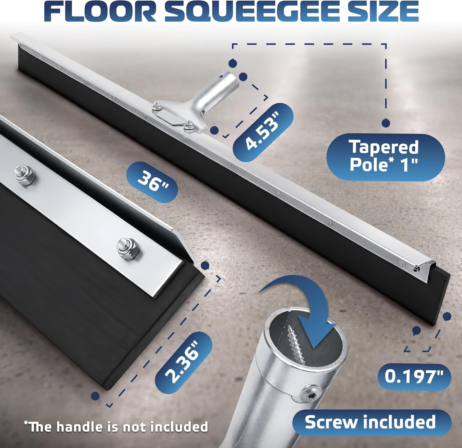 DSV Standard Garage Floor Squeegee 36’’, Neoprene Blade Asphalt Squeegee, Taper Pole Connection - Handle Sold Separately for Tiles, Concrete and Asphalt