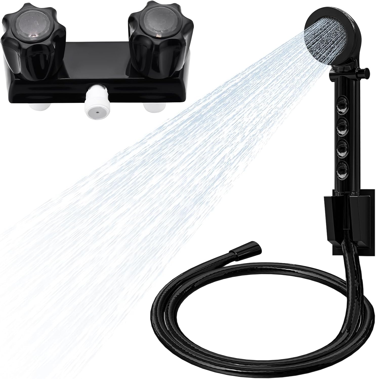 RV Shower Faucet with Head and Hose: All-Season Leakproof Valve Design for Camper & Motorhome - Easy DIY Bathroom Upgrade for Travel Families (Black)